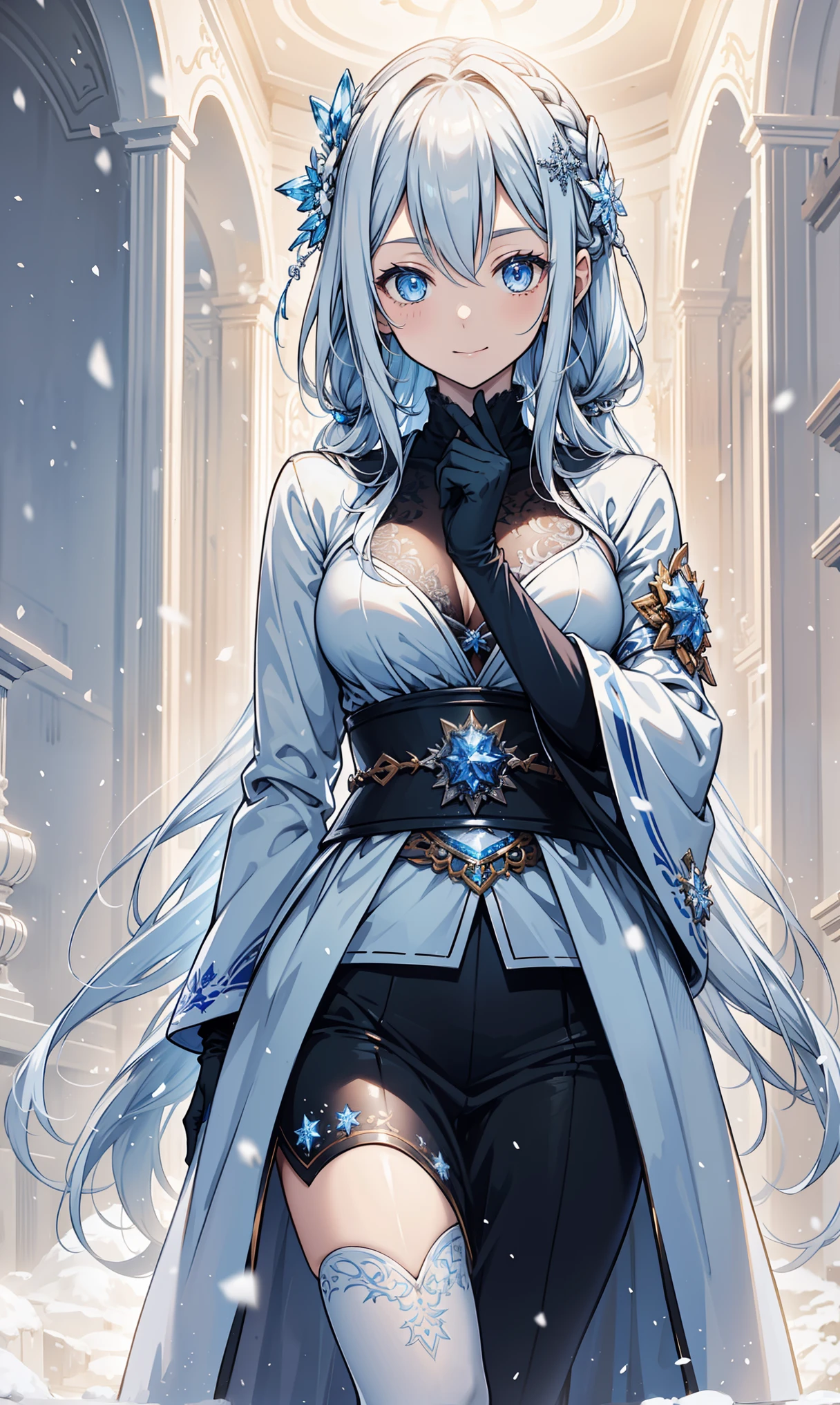 masterpiece, Very detailed, Super detailed, cold, alone, (1 girl), (pale skin), ice blue eyes, Frosty white hair, Cool Chara, flat face, young woman, Ms. Chala, Moderate , arrogant, confident, cold face, goddess, cool kudray girl, (Snowy background), snowflake, (frozen flowers:0.5), (Calm expression), (Ice Storm:1.1), (modern casual clothing), (snow covered ground), (Smile:0.7)，