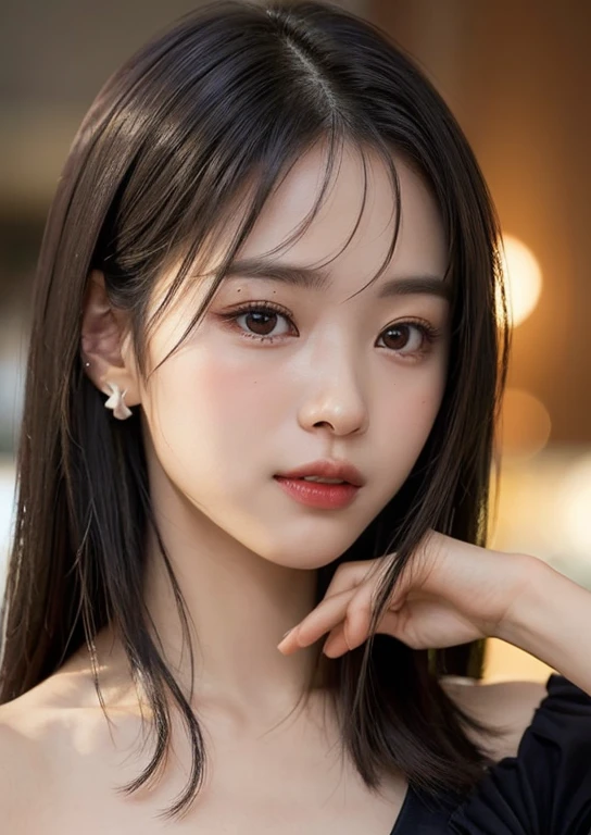 (masterpiece, highest quality、Beautiful woman full of charm:1.4、head tilt),1 girl, alone, black haired, realistic, looking at the viewer, pale black eyes, short hair, lip gloss,, closed mouth, Big eyes、eyelash、((((???????))))、((Big eyesのshort hairー、Give students very powerful highlights、very big breasts、look at the audience、very beautiful beauty、please show me your ears、long neck、smile a little、Please close your mouth and smile)))、28 years old、cute supermodel