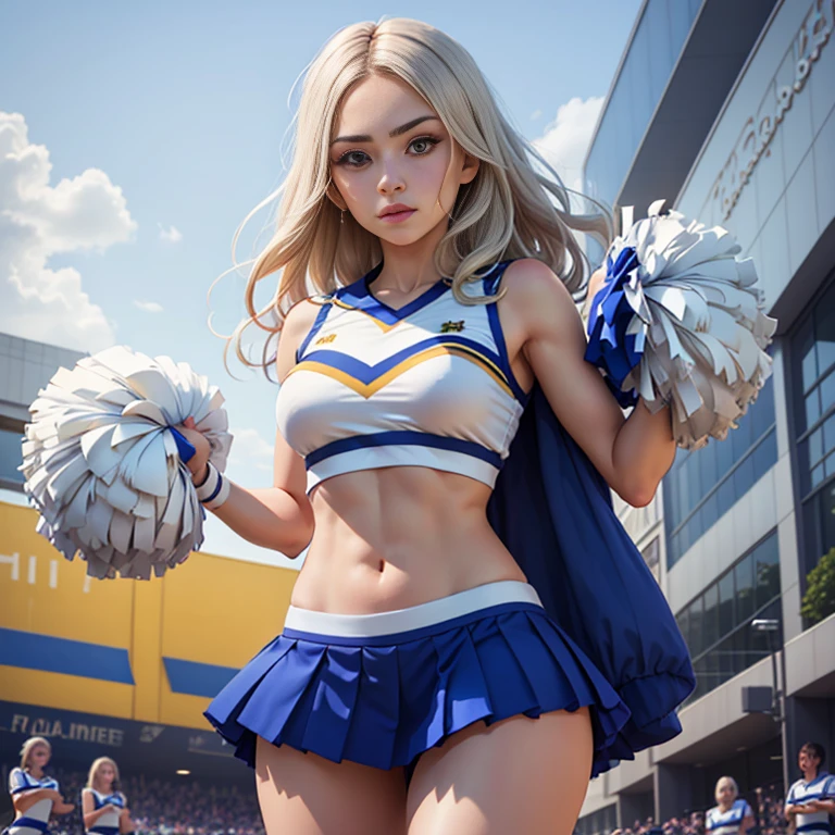 Masterpiece, best quality, detailed face, woman, platinum hair, college cheerleader uniform, midriff, standing, holding pom poms, one pom in each hand, blue skirt, in front of the college campus, looking at viewer, neutral face