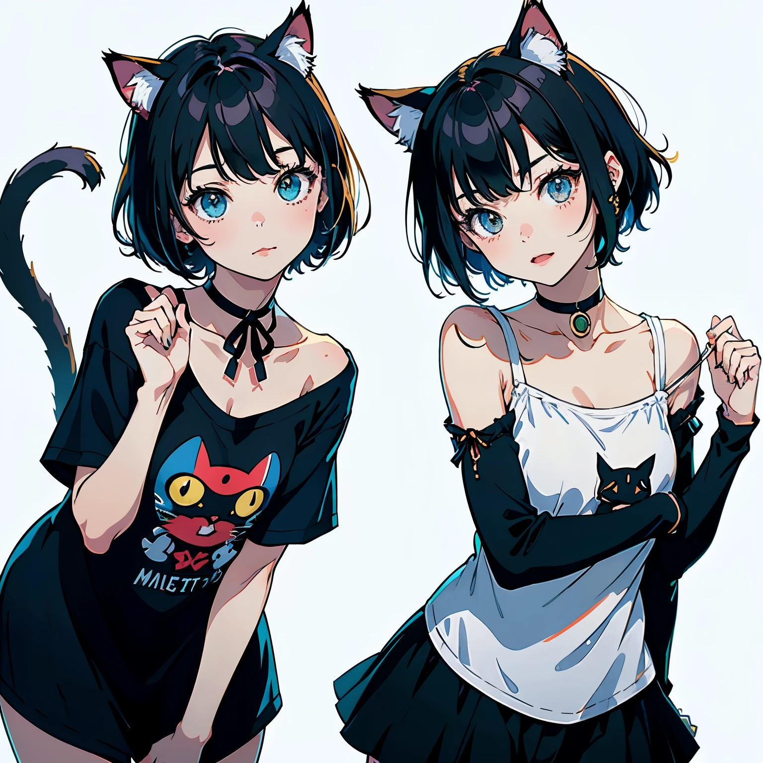 (highest quality, masterpiece, High resolution)、(anime art)、,cinematic light、soft light、(two girls)、black hair、(Striped cat costume)、(Three-color cat costume)、(loose t-shirt)、(Loose shirt)、off shoulder、Cat ear、bob cut、semi-long、hair ornaments、choker、enchanting smile、small breasts、(cat pose)、(Playful gestures)、Cat jarashi、((white background))、