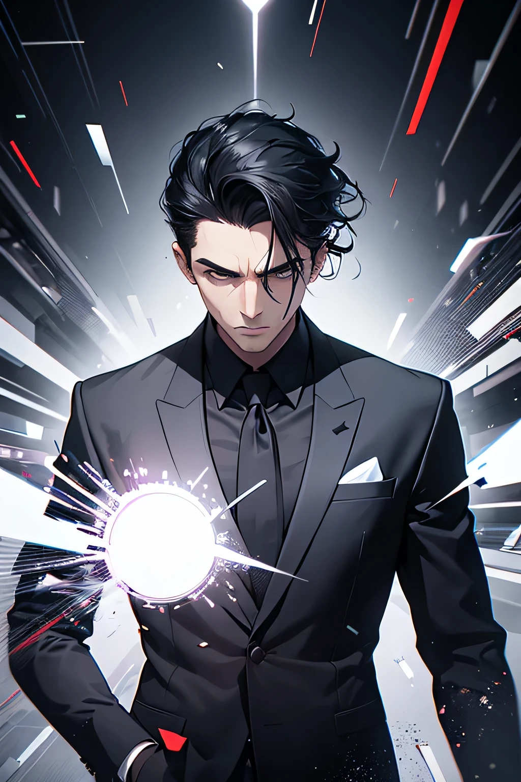 At night, by the window, Red Moon, a handsome boy, about to turn into a zombie, hands, facial hyper-detail, short black hair, white suit, red eyes, sides, facial hyper-detail, no blood, highly real, 4K, chiaroscuro, super detailed
