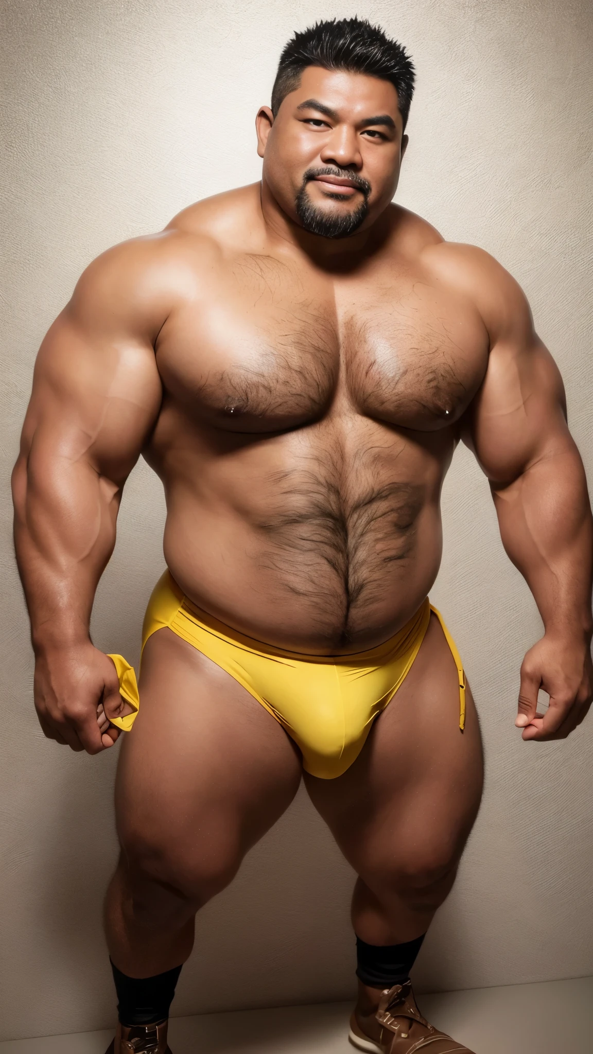 black hair, middle-aged man, individual, male, Muscular wrestler, muscular, Stout wrestler, Asian, Japanese, uncle, 55 year old middle-aged man, short hair, short hair, yellow wrestling boots, full body portrait, shadow, Vision, yellow briefs, obesity, 45 years old, short beard, middle-aged man, tattoo, fingerless gloves, Wheat skin, shiny skin, dark skin, Show your pectoral muscles, sumo wrestler, bodybuilder, wide temples, Visible abdominal muscles, Smile, Fine hands, solid color background, pure white background, Surrealism, Panorama, 8k, super detail,