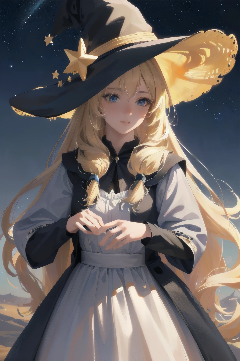 (best quality,4k,8k,highres,masterpiece:1.2),ultra-detailed,(realistic,photorealistic,photo-realistic:1.37), 1girl, Solo, Witch hat, Blonde hair, Long hair, dress, aurora, Night, Star sky, mitts, sky, White dress, Night days
