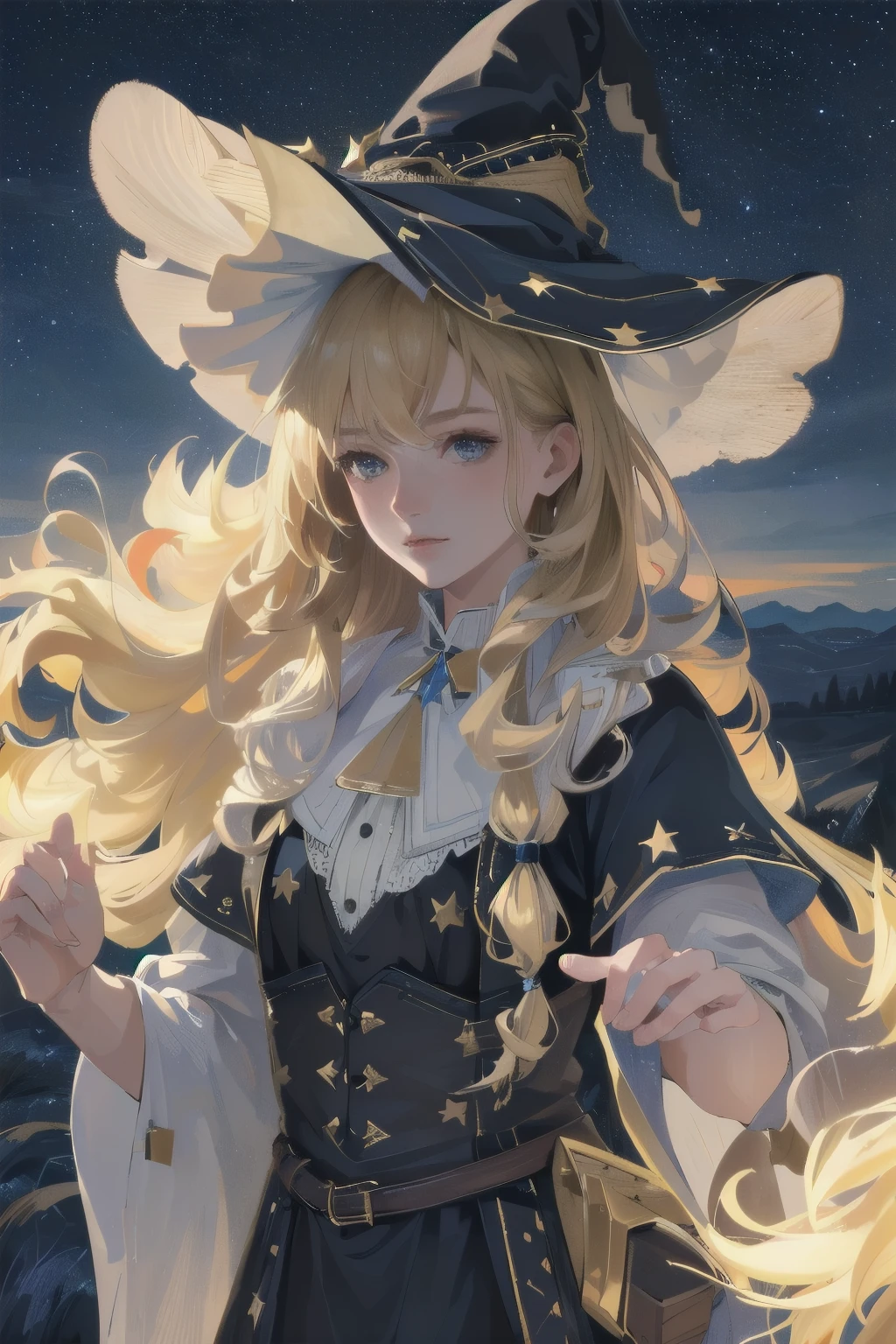 (best quality,4k,8k,highres,masterpiece:1.2),ultra-detailed,(realistic,photorealistic,photo-realistic:1.37), 1girl, Solo, Witch hat, Blonde hair, Long hair, dress, aurora, Night, Star sky, mitts, sky, White dress, Night days