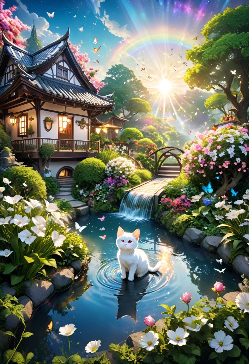 (8K、Raw photo、highest quality、look up:1.2、masterpiece:1.2、genuineistic、ultra high resolution、high contrast、photon mapping、genuine、Super detailed、official art, Raw photo、professional lighting、 light、Vivid atmosphere、twicelight) , In the distance we see a and her white kitten playing in a beautiful garden.。 The girl is looking at the white kitten with amusement。The white kitten is having fun trying to catch a butterfly。 The garden is decorated with lush greenery and colorful flowers.。The garden is bathed in spring sunlight, giving it a warm glow.。A bright number of people surround a white kitten々Butterflies are flying。The flying butterflies create a lively atmosphere.。 The white kitten is expressive、The detailed fur and unique folded ears add to its charm.。The gardens are beautifully maintained、Neatly trimmed bushes and々Various plants are arranged。The stream's crystal clear water reflects the serene environment.、Colorful English-style house in the distance々adds a bit of whimsy to the scene.。 The scene has an atmosphere of tranquility and contemplation.、Expressing the world of high fantasy。Guardian nebula of rainbow light and silvery vapor、The colors of the Corrosive Encirclement Ray family fill the sky、There is a slimy feeling in the air.。A beautiful piece of artwork that exudes a mysterious aura.。