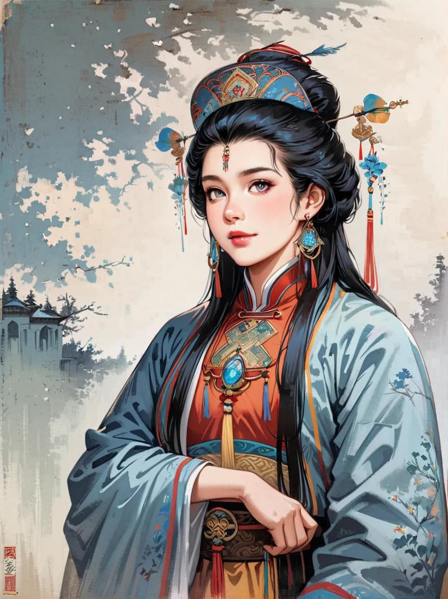 Gustave Moreau, Thomas Kinkade, James Gurney's HDR landscape photographs, Carl Griffiths, Frank Frazetta, Van Gogh, Alberto Seveso's oil paintings, masterpieces, realism, deep colors, blue tones, surrealism, celestial halos, in the bright embrace of Moonlight Serenade, (1 Tibetan beauty: 1.4), ((solo)), (wearing famous ethnic-style clothing), ((Tibetan costume)), gaze, ((looking at the audience)), (upper body, focus on the face: 1.5), model standing pose, earrings, hat, belt, real shot, tall figure, long hair, braided, ((Potala Palace)), the scenery outside the window, various carved window frames, grooves and various patterns engraved on the window frames, clean background, agate accessories, contrast, tone, texture, detailed, celestial, rainbow-colored halo, vibrant energy, expressive, dramatic, organic lines and forms, dreamlike and mysterious, surrealism, portraiture, complex, meticulous, sharp, clear, better image quality, rough brushstrokes, high dynamic range, vivid, rich in detail, clear shadows and highlights, realistic, strong, enhanced contrast, rich in detail.