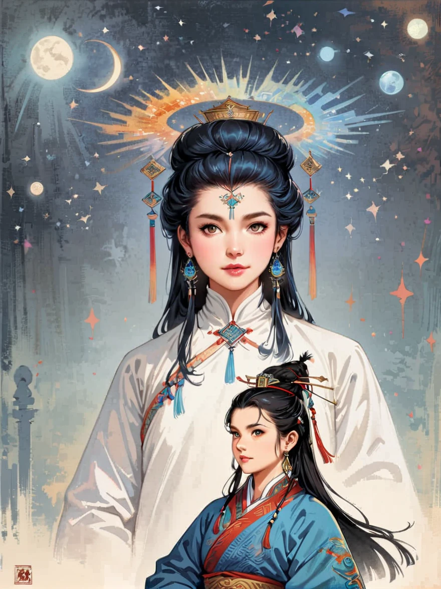 Gustave Moreau, Thomas Kinkade, James Gurney's HDR landscape photographs, Carl Griffiths, Frank Frazetta, Van Gogh, Alberto Seveso's oil paintings, masterpieces, realism, deep colors, blue tones, surrealism, celestial halos, in the bright embrace of Moonlight Serenade, (1 Tibetan beauty: 1.4), ((solo)), (wearing famous ethnic-style clothing), ((Tibetan costume)), gaze, ((looking at the audience)), (upper body, focus on the face: 1.5), model standing pose, earrings, hat, belt, real shot, tall figure, long hair, braided, ((Potala Palace)), the scenery outside the window, various carved window frames, grooves and various patterns engraved on the window frames, clean background, agate accessories, contrast, tone, texture, detailed, celestial, rainbow-colored halo, vibrant energy, expressive, dramatic, organic lines and forms, dreamlike and mysterious, surrealism, portraiture, complex, meticulous, sharp, clear, better image quality, rough brushstrokes, high dynamic range, vivid, rich in detail, clear shadows and highlights, realistic, strong, enhanced contrast, rich in detail.