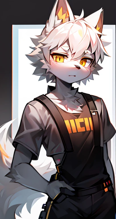 cyber punk perssonage,epcot,Tech style,solo person,White body,White ears,White hair,Overall white,Orange-yellow eyes,Wolf tail,Wolf orcs,Young,Wear a short-sleeved shirt,Ultra-clear screen,Soft lines