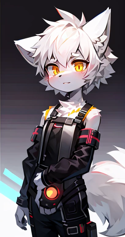 cyber punk perssonage，epcot，Tech style，solo person，White body，White ears，White hair，Overall white，Orange-yellow eyes，Wolf tail，Wolf orcs，Young，Wear a short-sleeved shirt，Ultra-clear screen，Soft lines
