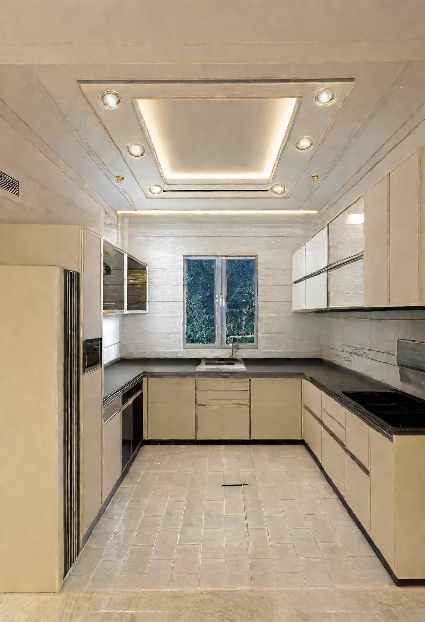best quality, masterpiece, Interior design, cream tone, kitchen, 3000k