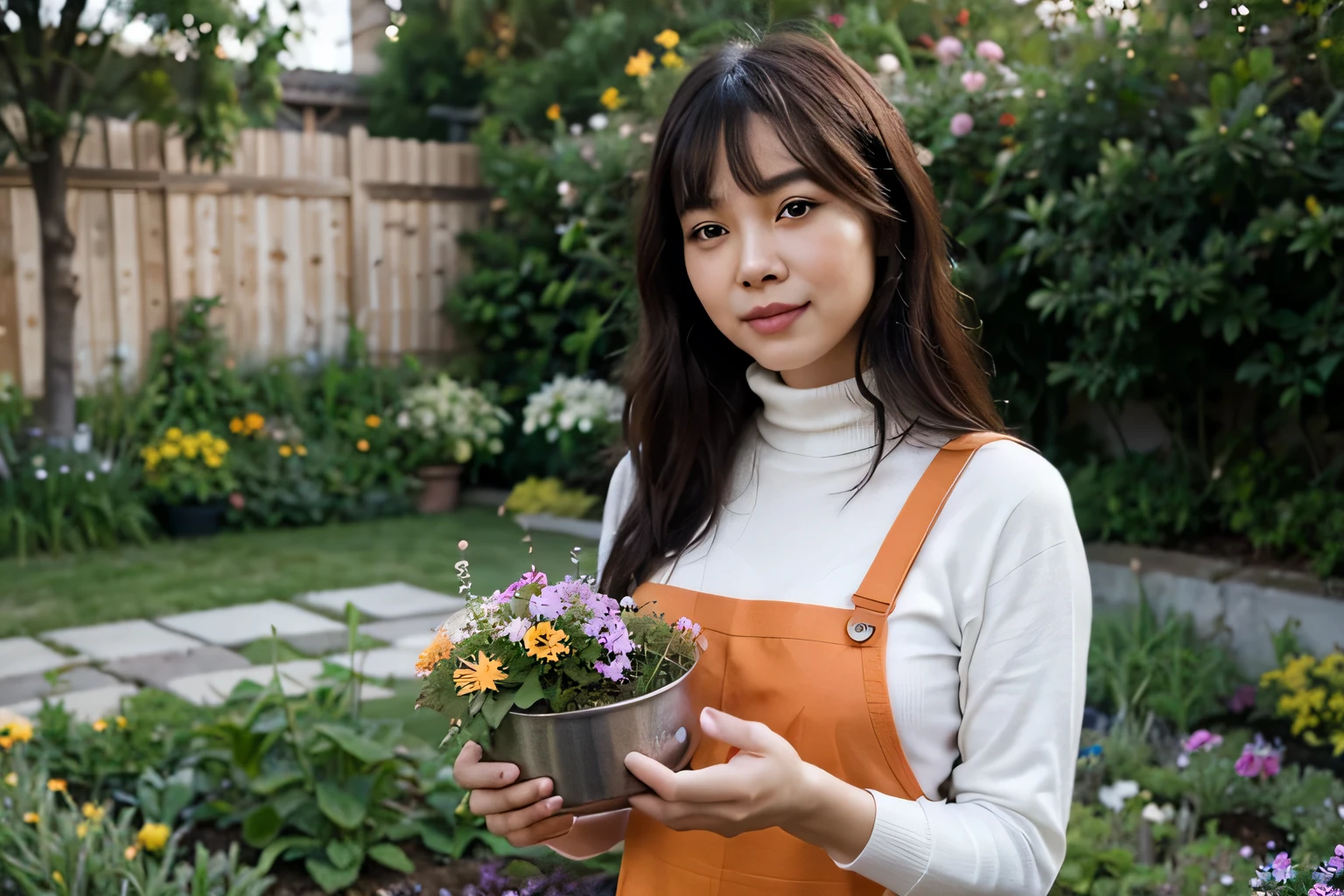 highest quality, super realistic, a Chinese 40yo woman is gardening in a beautiful garden with all kinds of flowers with gentle sweet smile, black hair with bangs, perfect face, wearing orange colour gardening apron, turtleneck T-shirt, holding a pot of flower, masterpiece, 