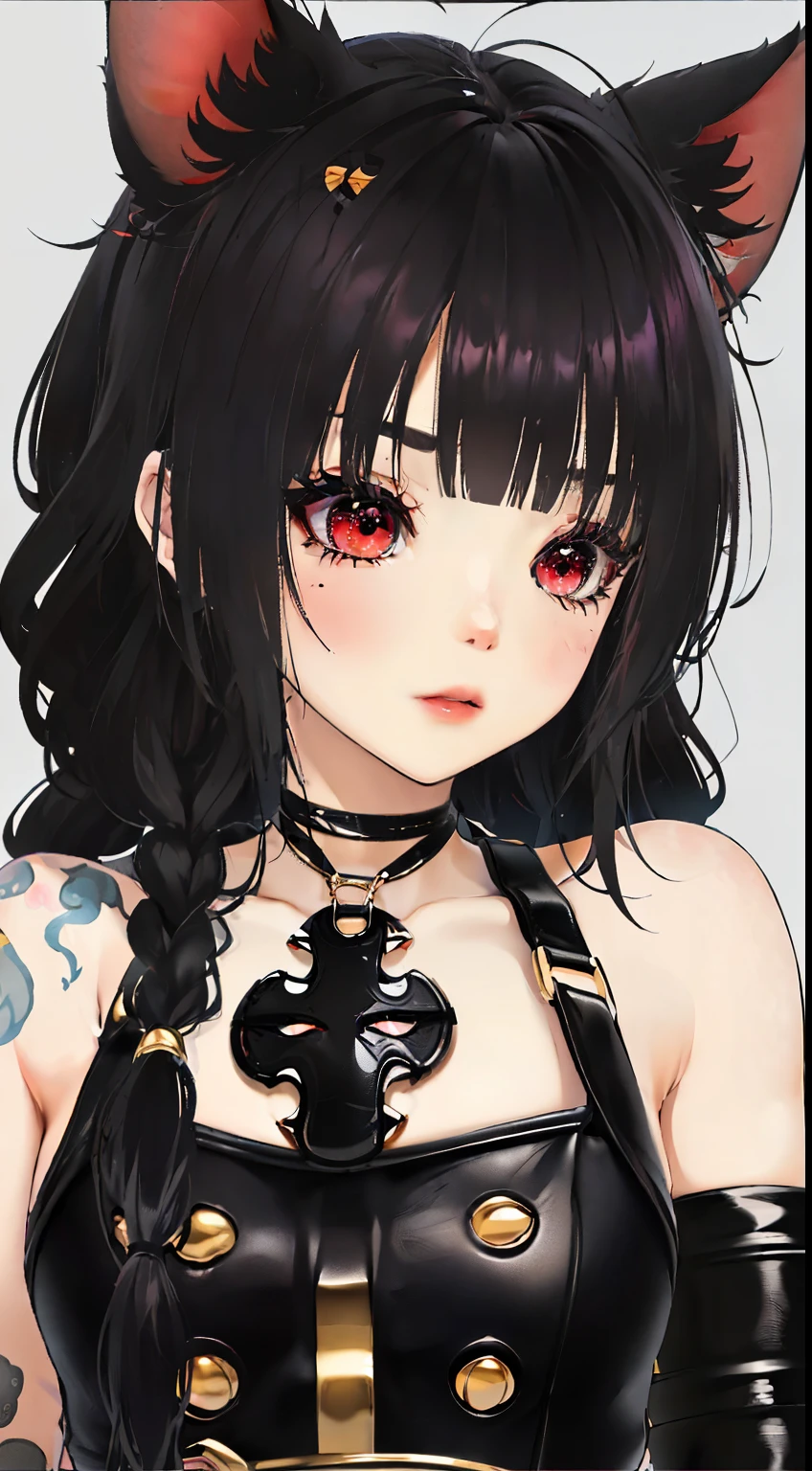 ,((long hair slightly wavy slightly past the shoulders, black bangs, small black pigtails on the sides, cute cat ears, beautiful thin red eyes,)),Gafe,Muslos carnosos,Estilo de publicidad del cartel.,Ultracortos,Simetall,C cup,happy expression, jinxlol