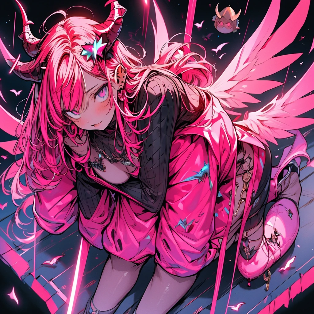 high quality full body, highly detailed, 8K Ultra HD, beautiful, 18 year old evil demon with wings, horns on head, glowing pink hair, full body, powerful nebula and blackhole flying In the background, luminescent light floating from the ground, calendario maya and pendulos brillantes neon-lit. Extremely detailed, high-quality, hyper-realistic, masterpiece photography.