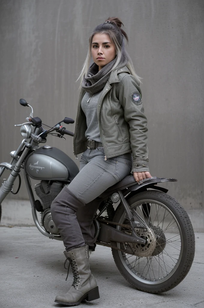 Mujer arafed con chaqueta de cuero y bufanda parada junto a una motocicleta, wearing gris chaqueta de cuero, gris chaqueta de cuero, ropa de cuero and boots, short gris chaqueta de cuero, con un abrigo de cuero gris, ropa de cuero, vistiendo una chaqueta de vuelo de cuero, chaqueta de cueros, foto de una