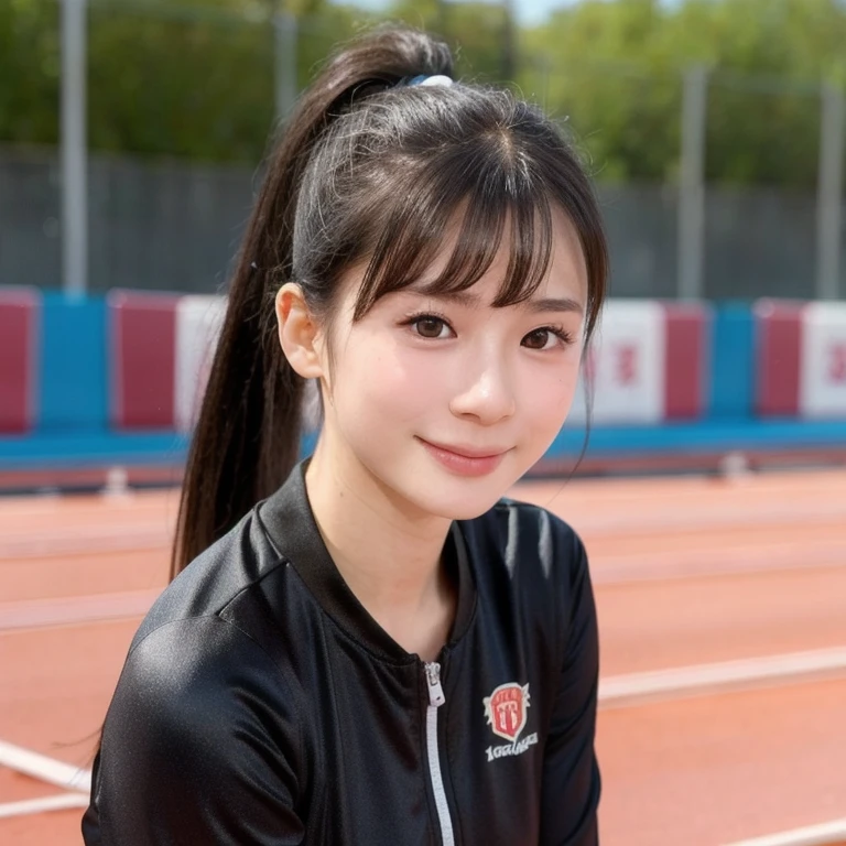 (kawaii 24 year-old Japanese girl, perfect athlete body, Nogizaka idol, Korean idol), (glossy black hair, high ponytail:1.3), (bangs), (rounded face, single eyelid, no makeup, soft smiling:1.2), (wearing track suit:1.3), flat chest, (looking at viewer:1.2), BREAK, (track and field stadium background:1.3), (summer, daytime), sunlight from forward, (dynamic angle:1.3), BREAK, (masterpiece, best quality, photo realistic, official art:1.4), (UHD, 8K quality wallpaper, high resolution, raw photo, film grain, golden ratio:1.2), (shiny skin), professional lighting, physically based rendering, award winning, (perfect anatomy, highly detailed skin textures, extremely detailed face and eyes, well drawn glittering pupils), Carl Zeiss 85 mm F/1.4, depth of field, 1girl, solo,