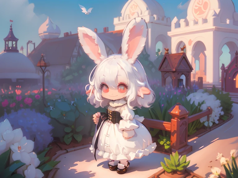 Voxels,(3D Big Pixel Art,3D Pixel Art),Large pixels,solo,#1 girl(3D Pixel Art:2.0,Chibi,cute,kawaii,small ???,white hair:1.6,long hair,white rabbit ear,white dress,red eyes,big eyes,skin color white,big hairbow,holding bailoon,balloon is rabbit shaped,little smile),#background(outdoor,at beautiful amusement park,dynamic angle:1.5),(3D Pixel Art),(from above:1.4),(white hair,white rabbit ear)