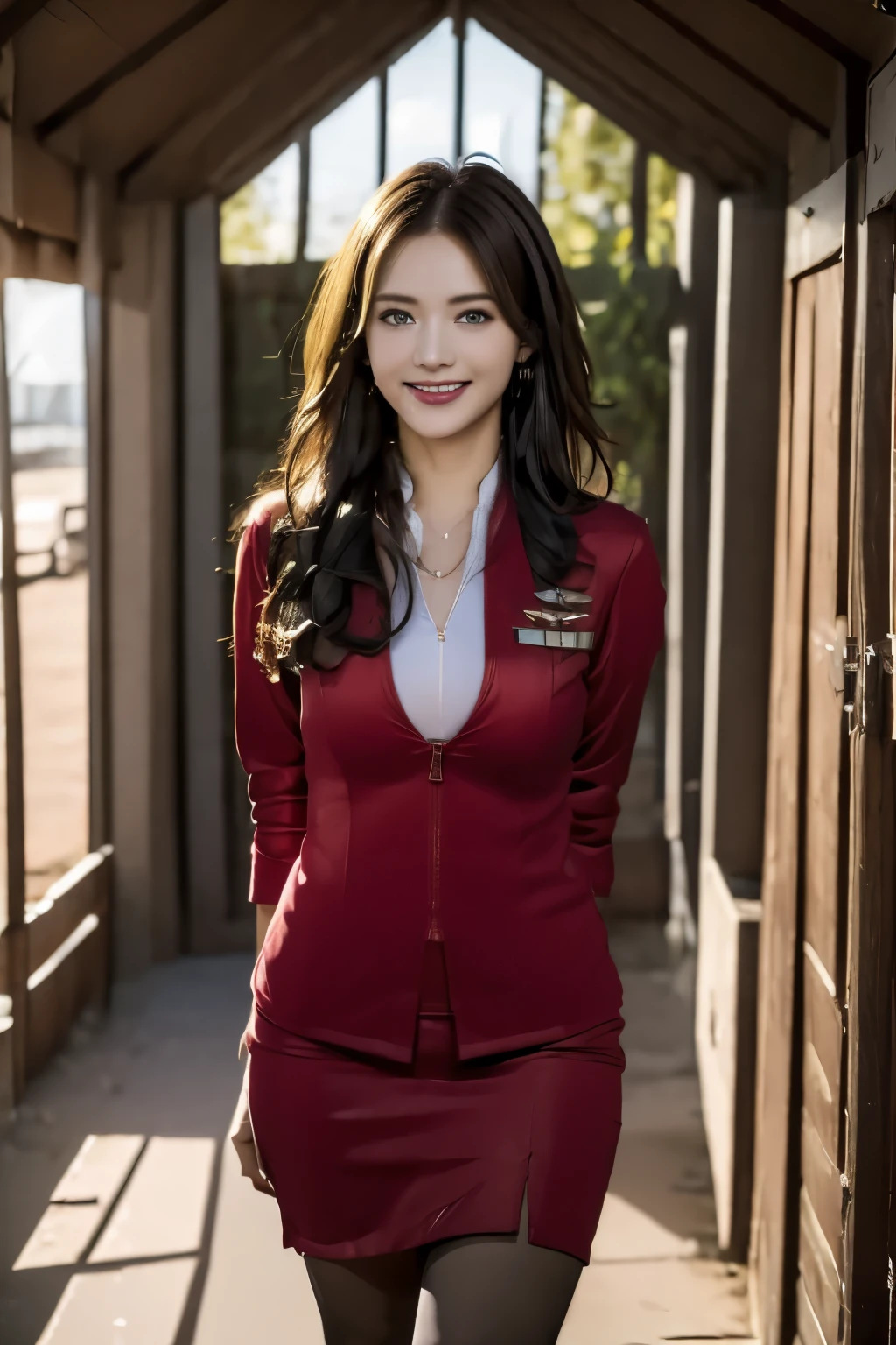 (masterpiece:1.2, highest quality:1.2), 32K HDR, High resolution, (alone, 1 girl), （Realistic style of AirAsia stewardess uniform）, neat woman, beautiful face, brown hair, (long hair down to waist), (red jacket:1.1, Unzipped jacket, unbuttoned white shirt:1.05, red mini skirt:1.1, pantyhose), perfect slim body:1.1, huge breasts, huge breastsの谷間, detailed skin texture, fine eyes, (smile:1.2), necklace、Show your whole body from head to toe,(forward leaning posture:1.5, in an abandoned hut, Mountain),blue eyes