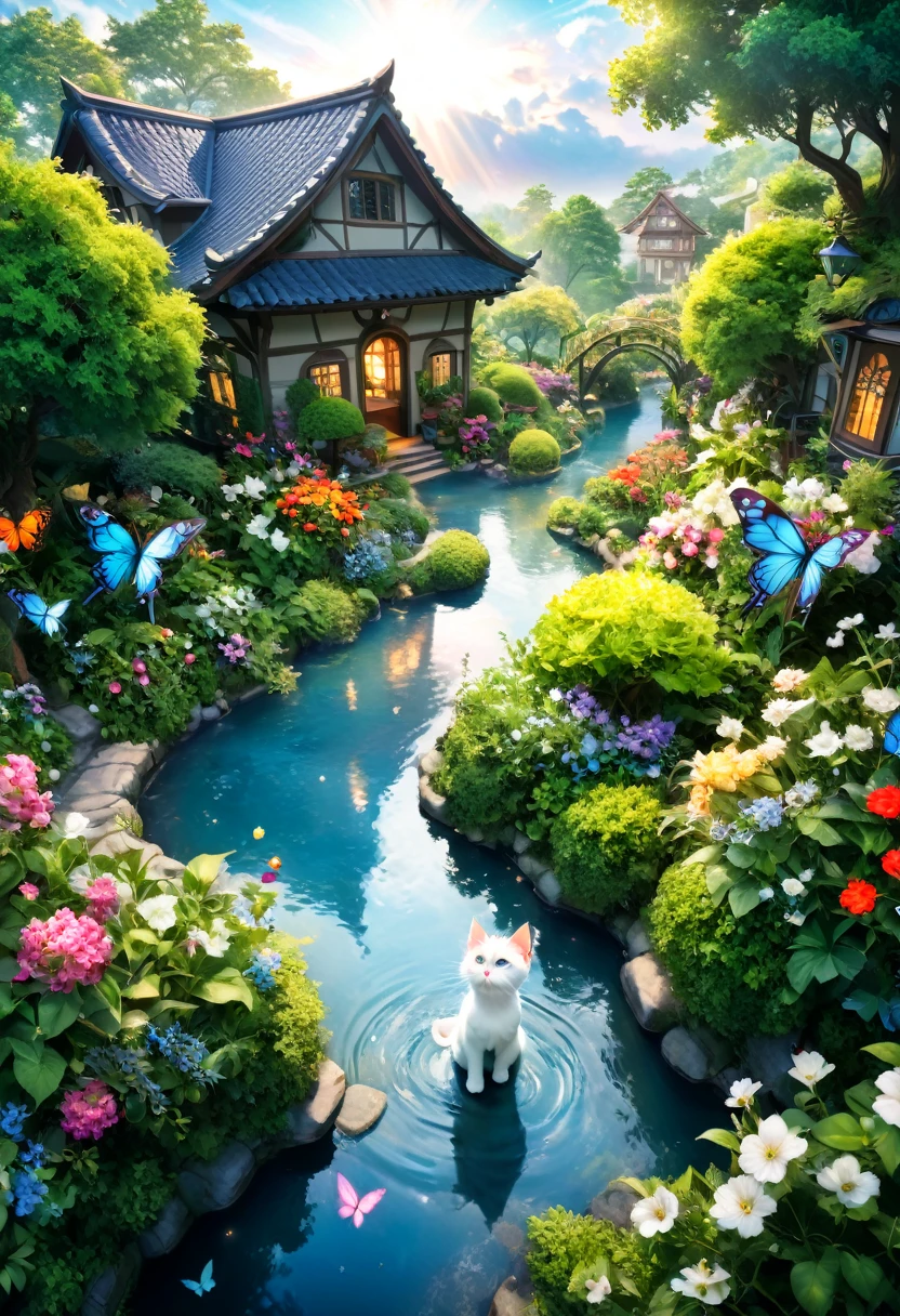 (8K、Raw photo、highest quality、look up:1.2、masterpiece:1.2、genuineistic、ultra high resolution、high contrast、photon mapping、genuine、Super detailed、official art, Raw photo、professional lighting、 light、Vivid atmosphere、twicelight) , In the distance we see a and her white kitten playing in a beautiful garden.。 The girl is looking at the white kitten with amusement。The white kitten is having fun trying to catch a butterfly。 The garden is decorated with lush greenery and colorful flowers.。The garden is bathed in spring sunlight, giving it a warm glow.。A bright number of people surround a white kitten々Butterflies are flying。The flying butterflies create a lively atmosphere.。 The white kitten is expressive、The detailed fur and unique folded ears add to its charm.。The gardens are beautifully maintained、Neatly trimmed bushes and々Various plants are arranged。The stream's crystal clear water reflects the serene environment.、Colorful English-style house in the distance々adds a bit of whimsy to the scene.。 The scene has an atmosphere of tranquility and contemplation.、Expressing the world of high fantasy。Guardian nebula of rainbow light and silvery vapor、The colors of the Corrosive Encirclement Ray family fill the sky、There is a slimy feeling in the air.。A beautiful piece of artwork that exudes a mysterious aura.。
