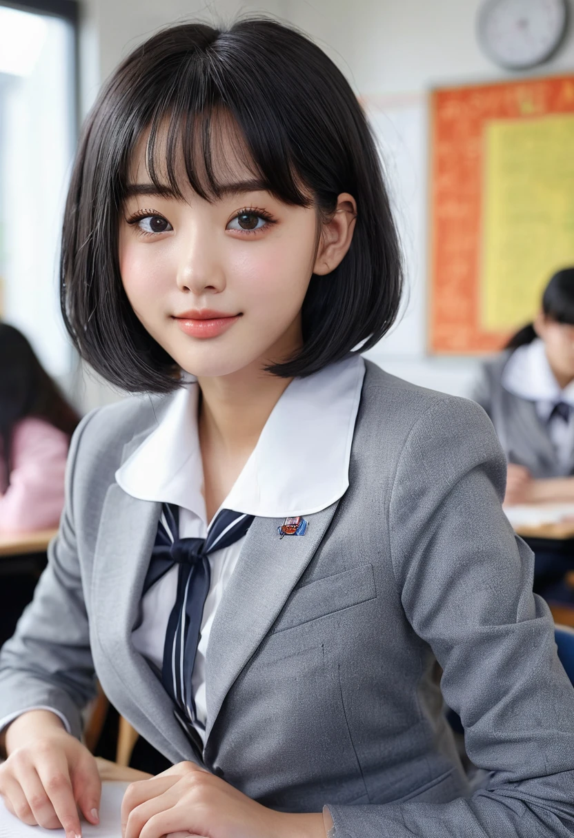 ((8k, RAW photos, top quality, masterpieces), high-definition RAW color photos professional close-up photos, (realistic, photorealism: 1.37), (highest quality), (best shadows), (best illustrations), collarbones ((big)), ((erotic, sexy, ultra high resolution, high-definition CG unified 8K wallpapers, physically based rendering, movie lighting), (aegyo sal:1), 18 year old girl, (grey blazer, ribbon, socks, high school uniform: 1.2), high school classroom, beautiful detail eyes, light on the face, ((full body shot: 1.2)), especially strong light, (upper eyes, grinning smile:1.2),shiny skin, (((black hair, bob hair:1.2))), ( thick thighs), ulzzang-6500-v1.1:0.2, shy, (flash:1.2), NSFW , (puffy), ((seductive posture: 1.2, attractive: 1.2)), (idle), (sitting at a desk in classroom: 1.2)), ((good anatomy: 1.2)), ((bright and refreshing classroom, background blurred: 1.2)), perfect face, cute face, (high angle shot:1.2)