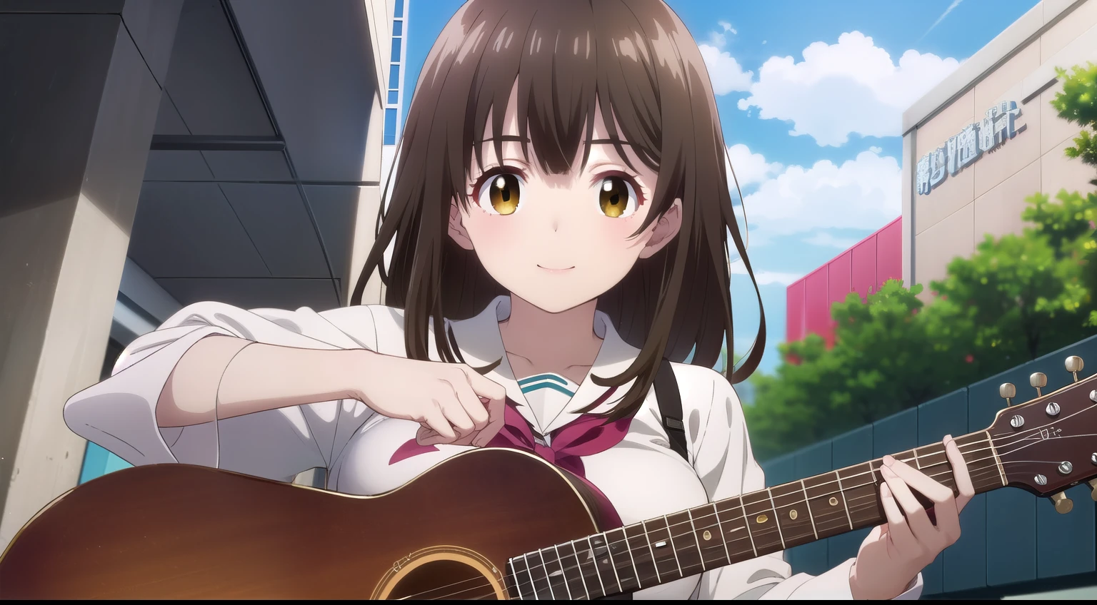 sayuogiwara, Sayu Ogiwara, brown hair, (brown eyes:1.5), medium hair,beautiful breasts, pubic hair, {{全裸でplay the guitar}},break ,{{outdoor}}, {{Town bustle}},{{main street}},{{Akihabara downtown}},{{congestion}},{{play the guitar}},{{{surrounded by a crowd}}}, Blue sky,naked upper body,{{{White lace sheer small panties}}}, break looking at viewer, whole body, break{Japanese high school girl uniform},{{{{whole body}}}}, NSFW, （smile）、NSFW、 break (masterpiece:1.2), highest quality, High resolution, unity 8k wallpaper, Very detailed CG, (perfect hands, perfect anatomy),{{toes}}