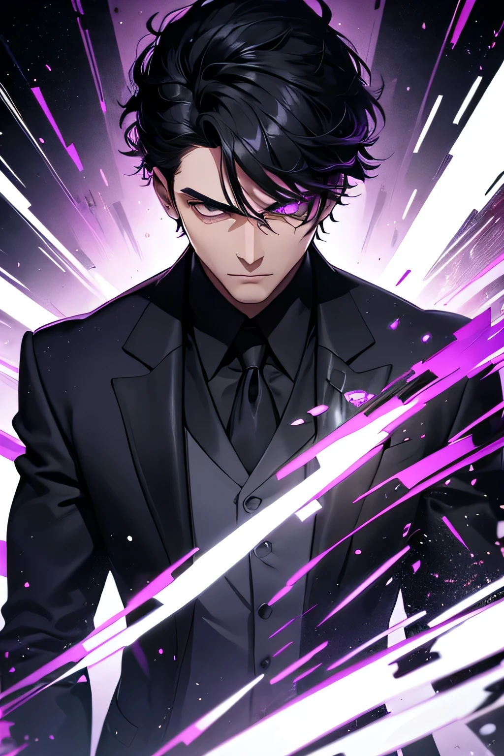 A man in a black suit with black hair and purple green and black glitch particles floating around him