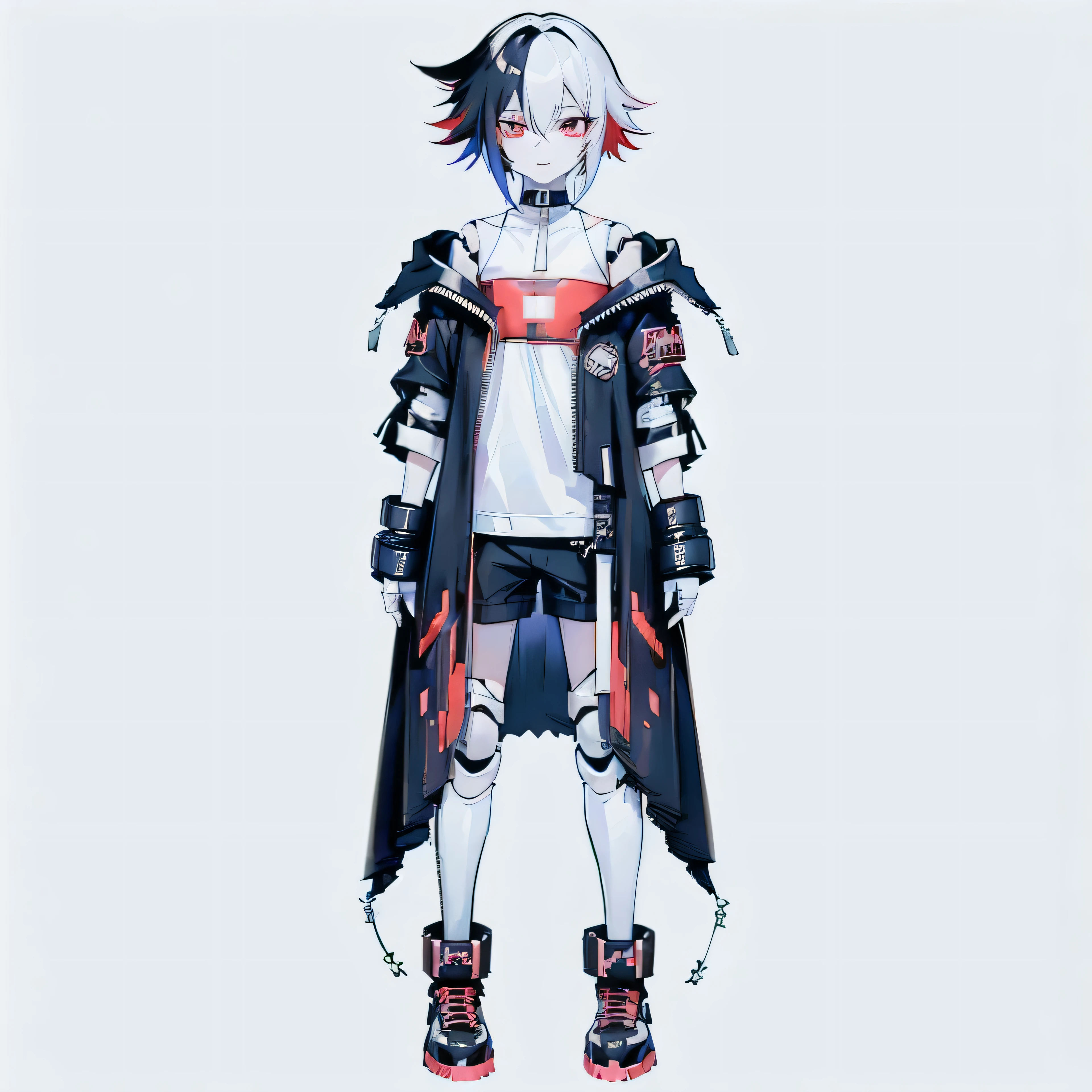 anime character with red and black hair and a white shirt, anime full body illustration, wearing cyberpunk streetwear, cyberpunk streetwear, full body character design, single character full body, full body concept, anime character design, outfit design, anime character; full body art, anime vtuber full body model, live2d virtual youtuber model, full body character, digital cyberpunk anime art ,Doll joints