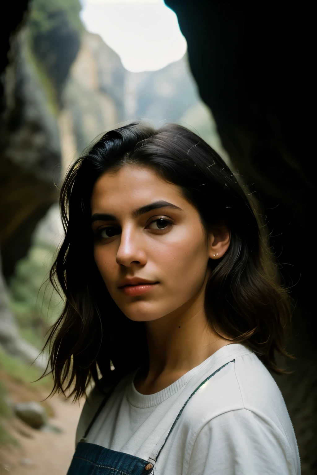 photograph of a woman, (worried facial expression), Piel texturizada, piel de gallina, pelo rubio afro, camisa de franela a cuadros con jeans boyfriend desgastados, tiro de vaquero, dark and mysterious cave with unique rock formations and hidden wonders, Ojos perfectos, (luz de una vela,chiaroscuro), Porta 160 color, disparo en ARRI ALEXA 65, bokeh, sharp focus on the subject, disparado por Don McCullin