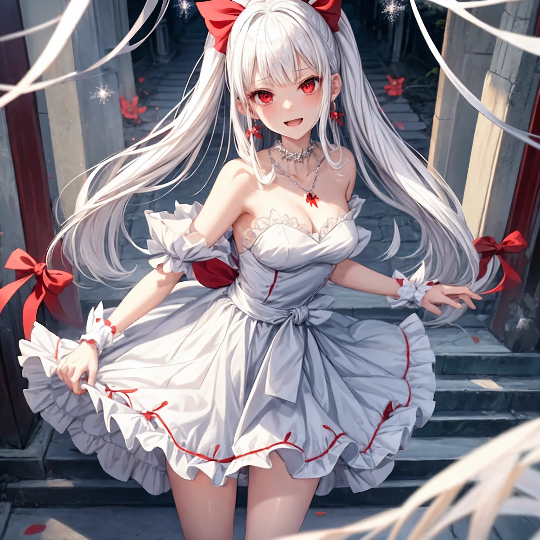anime girl in a dress with a red bow and a red rose, cute anime waifu in a nice dress,  in dress,black stocking, nightcore, guweiz on pixiv artstation,  anime style 4 k, guweiz, beautiful anime girl, guweiz on artstation pixiv, white haired deity, white dress!! of silver hair, beautiful anime artwork