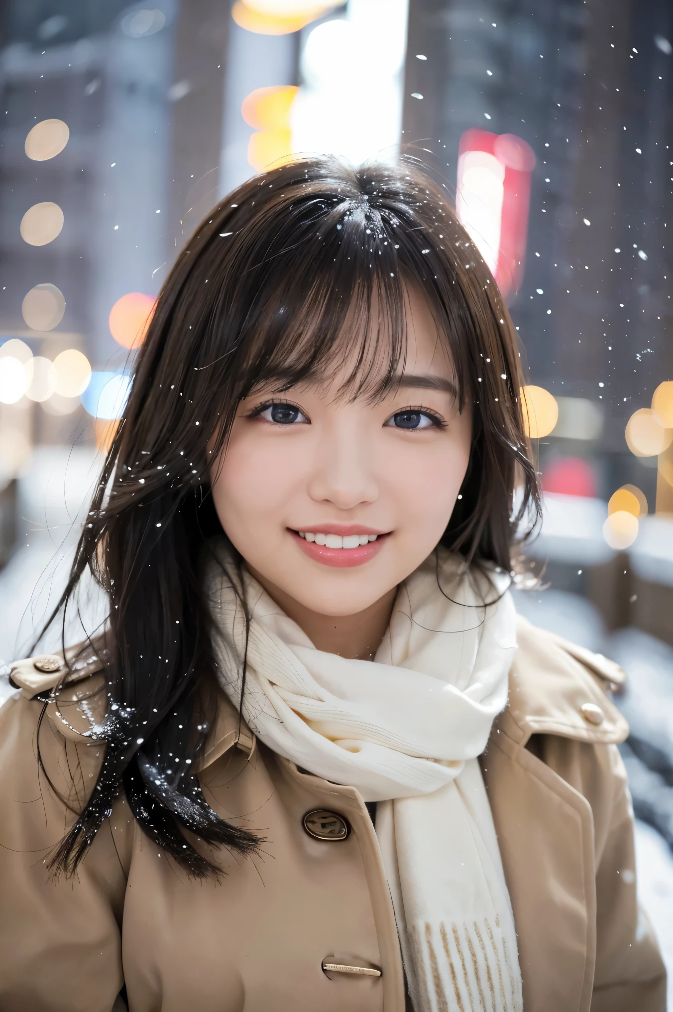 (highest quality、masterpiece、8K、best image quality、hyper realism、Award-winning work)、1 girl、(A perfect light brown coat in heavy Melton fabric.:1.2)、Soft indirect lighting、Soft and delicate light、epic movie lighting、Romantic snowy night city、Romantic illumination、Beautiful night view of a snowy city、(the best smile looking at me:1.1)、Fine sparkling snow、Beautiful snow reflecting light、Diamond dust、(Tyndall effect:1.1)、beautiful snow scene、(It&#39;s snowing:1.1)、accurate anatomy、(close up of face:1.3)、Beautiful glossy lipstick, natural color、natural makeup、glossy lips、Ultra high definition glossy skin、ultra high definition radiation, beautiful skin、潤いのあるbeautiful skin、beautiful glowing skin、超高精細のglossy lips、Super high-definition sparkling eyes、(Beautiful perfect teeth in super high resolution:1.1)、(Show your beautiful teeth and smile big:1.1)、(perfect beautiful teeth:1.1)