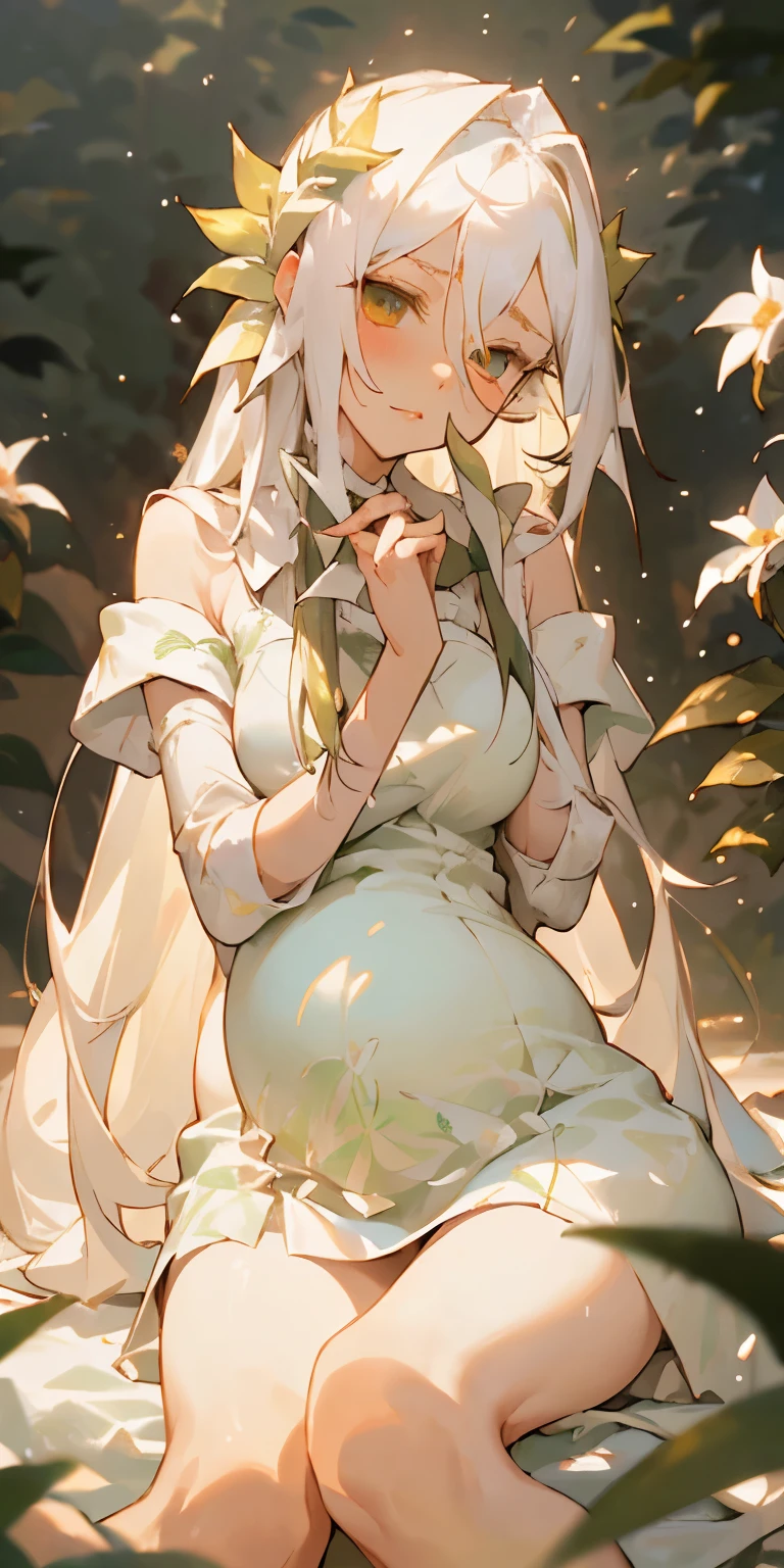 (masterpiece, best quality),1girl with long white hair sitting in a field of green plants and flowers, her hand under her chin, warm lighting, white dress, blurry foreground, pregnancy