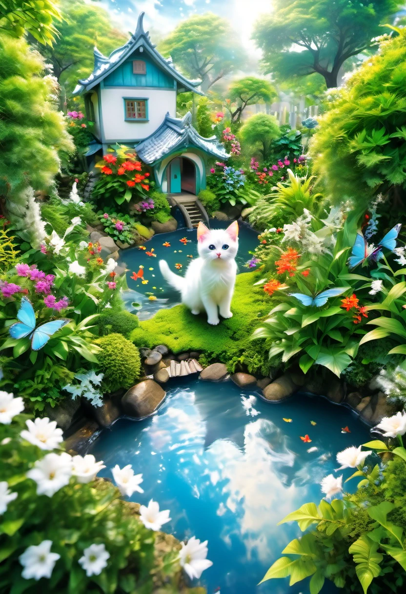 (8K、Raw photo、highest quality、look up:1.2、masterpiece:1.2、genuineistic、ultra high resolution、high contrast、photon mapping、genuine、Super detailed、official art, Raw photo、professional lighting、 light、Vivid atmosphere、twicelight) , In the distance we see a and her white kitten playing in a beautiful garden.。 The girl is looking at the white kitten with amusement。The white kitten is having fun trying to catch a butterfly。 The garden is decorated with lush greenery and colorful flowers.。The garden is bathed in spring sunlight, giving it a warm glow.。A bright number of people surround a white kitten々Butterflies are flying。The flying butterflies create a lively atmosphere.。 The white kitten is expressive、The detailed fur and unique folded ears add to its charm.。The gardens are beautifully maintained、Neatly trimmed bushes and々Various plants are arranged。The stream's crystal clear water reflects the serene environment.、Colorful English-style house in the distance々adds a bit of whimsy to the scene.。 The scene has an atmosphere of tranquility and contemplation.、Expressing the world of high fantasy。Guardian nebula of rainbow light and silvery vapor、The colors of the Corrosive Encirclement Ray family fill the sky、There is a slimy feeling in the air.。A beautiful piece of artwork that exudes a mysterious aura.。