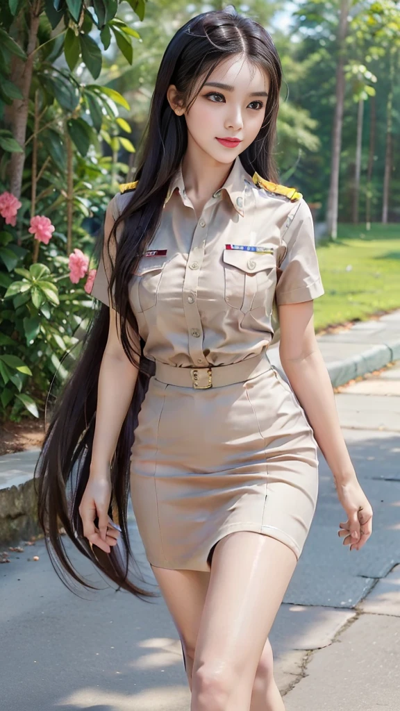 Beautiful girl in khaki official uniform, mature woman, fully grown breasts, Thai teacher uniform:0.5, Beautiful girl with extra long hair, Two meter long hair, Long hair that catches the eye, long black hair, Her hair is very long., Long, shiny hair, Long, thick, soft hair, Extra long hair, Dynamic posts, like full body, Short sleeve shirtสีกากี, short pencil skirtสีกากี, Decorated with military insignia., black high heels, The sexiest, small waist, hips raised, small thighs, Long legs, Huge breasts, Huge breasts:1.5, big breast, Very big breasts, Eye-catching breasts, Large breasts pierce the shirt, Not completely covered, big breast, Huge breast, Big tits D, สาวTwo meter long hair, Beautiful face, red lips, Very shiny, แต่งBeautiful face, Military rank insignia, short pencil skirt, tight, Short sleeve shirt, tight fitting, in the background, blurred garden, dynamic post, stand, walk, Incredible view,