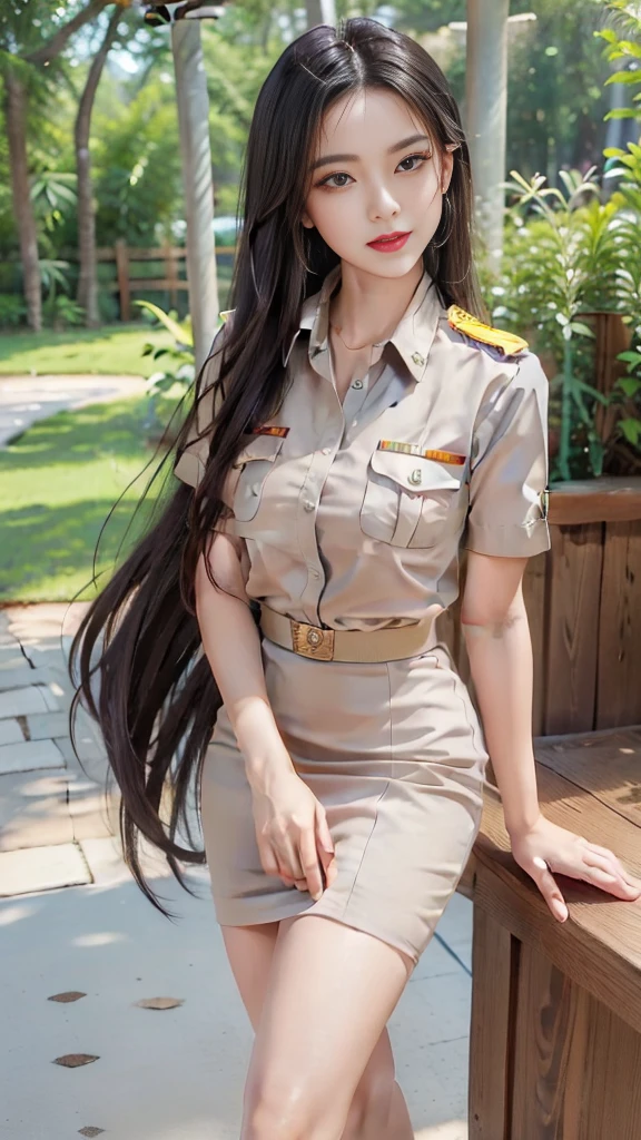 Khaki suit, khaki civil servant, Thai teacher uniform:1.3, Beautiful girl with extra long hair, Two meter long hair, Long hair that catches the eye, long black hair, Her hair is very long., Long, shiny hair, Long, thick, soft hair, Extra long hair, Dynamic posts, like full body, Short sleeve shirtสีกากี, short pencil skirtสีกากี, side cut, Decorated with military insignia., black high heels, The sexiest, small waist, hips raised, small thighs, Long legs, Huge breasts, Huge breasts:1.5, big breast, Very big breasts, Eye-catching breasts, A gigantic rift, Not completely covered, big breast, Huge breast, Big tits D, สาวTwo meter long hair, Beautiful face, red lips, Very shiny, แต่งBeautiful face, Military rank insignia, short pencil skirt, tight, ultra short skirt, very short skirt, Wear a miniskirt., Short sleeve shirt, tight fitting, in the background, blurred garden.,  seductive gesture