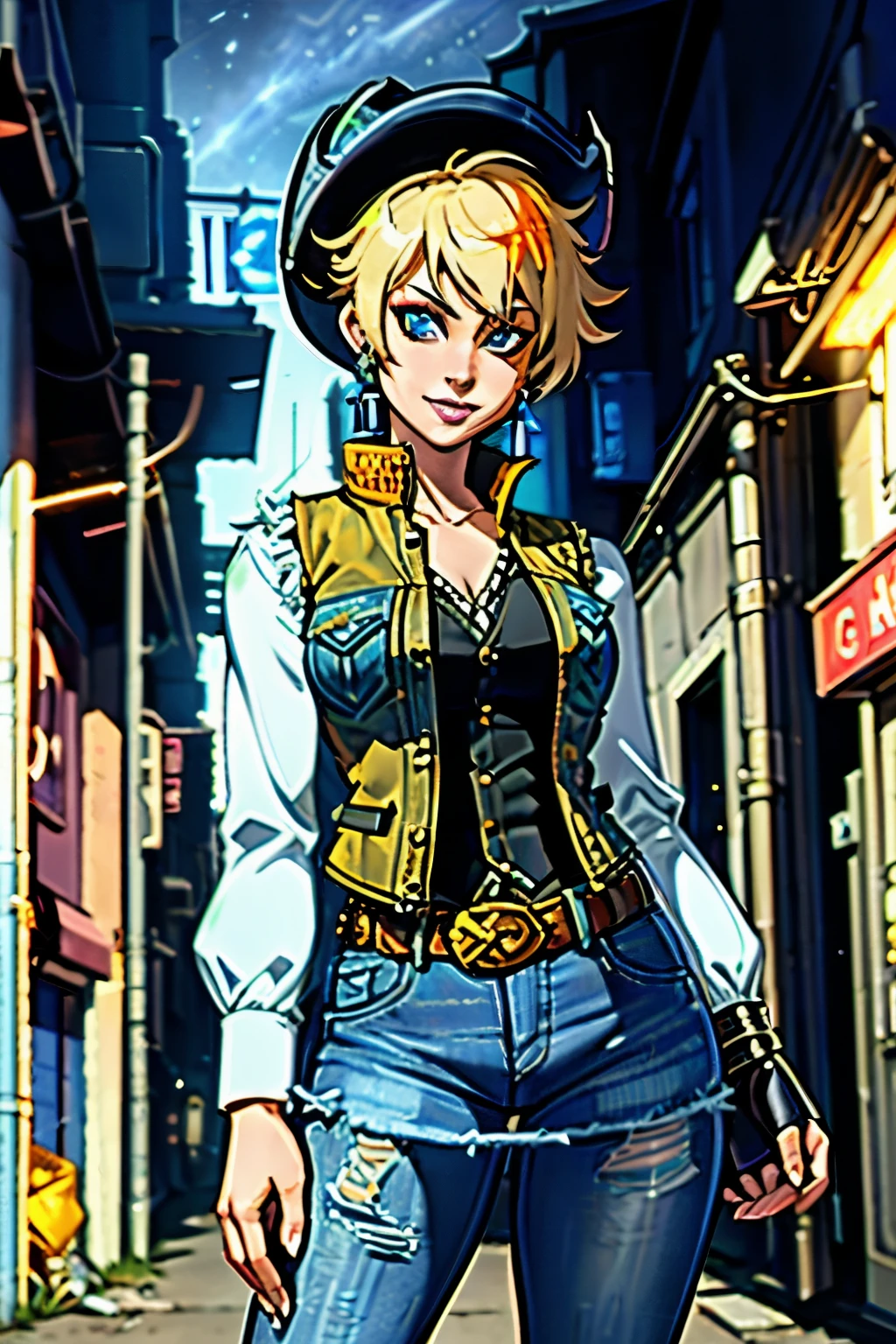 1girl, (solo:1.2), (standing:1.3), (interacting:1.3), (cowboy shot:1.5), smile, happy, at ease, (masterpiece:1.3), (best quality:1.3), (perfect anatomy:1.4), highly detailed, naoto shirogane, earrings, denim, belt, blonde hair, blue eyes, short hair, jewelry, (denim vest:1.2), open vest, black pantyhose, black shirt, denim skirt, (white striped long sleeves), blue skirt, large breasts, (night:1.5), (dark alleyway inside a large city:1.2), (chainlink fence:1.2), (trash lying around:1.2), concrete, sparse lighting, (dystopian), nyantcha, expressive faces, anime-inspired, (cell shading:1.2), nude
