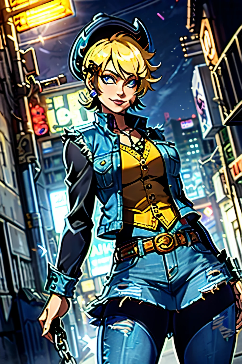 1girl, (solo:1.2), (standing:1.3), (interacting:1.3), (cowboy shot:1.5), smile, happy, at ease, (masterpiece:1.3), (best quality:1.3), (perfect anatomy:1.4), highly detailed, naoto shirogane, earrings, denim, belt, blonde hair, blue eyes, short hair, jewelry, (denim vest:1.2), open vest, black pantyhose, black shirt, denim skirt, (white striped long sleeves), blue skirt, large breasts, (night:1.5), (dark alleyway inside a large city:1.2), (chainlink fence:1.2), (trash lying around:1.2), concrete, sparse lighting, (dystopian), nyantcha, expressive faces, anime-inspired, (cell shading:1.2), nude