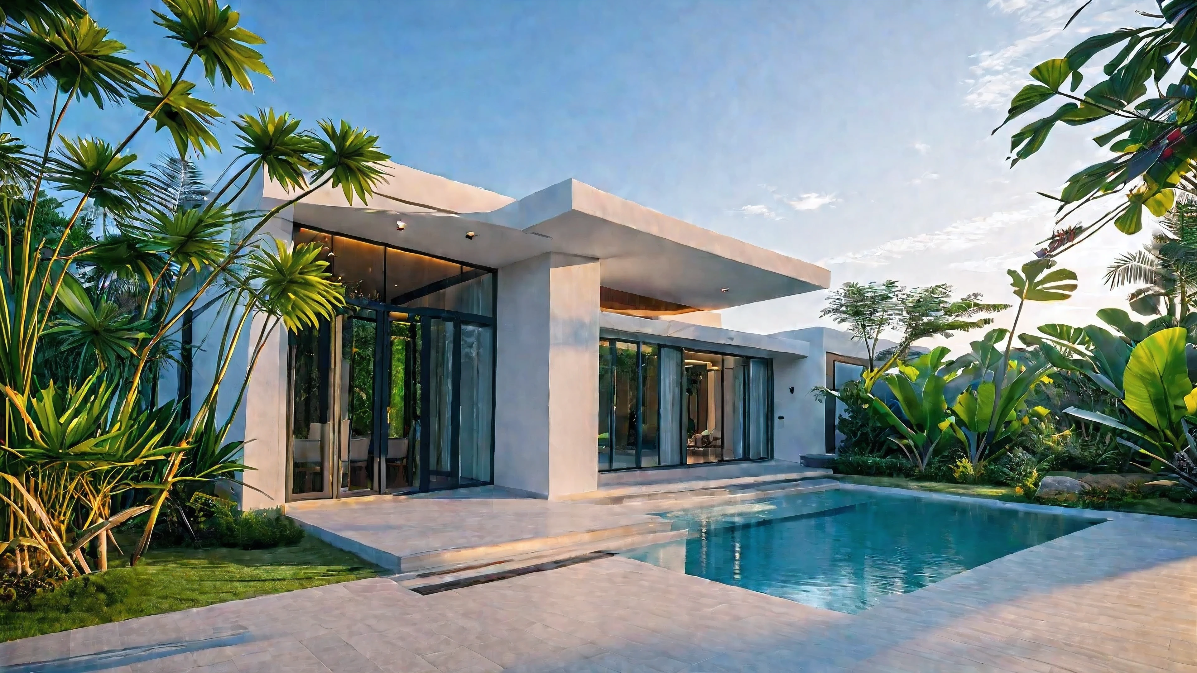 there is a pool with a patio and a patio chair next to it, precise architectural rendering, next to a tropical pool, architectural rendering, high quality rendering, architectural render, clean and pristine design, crisp smooth clean lines, architectural visualization, pristine and clean design, exterior design, a photorealistic rendering, inter dimensional villa, luxcore render, crisp smooth lines