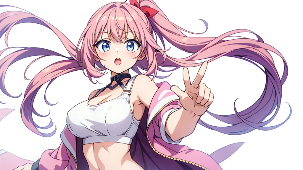 Anime girl , wearing bra, blurry background, white background, dynamic pose, combat pose,