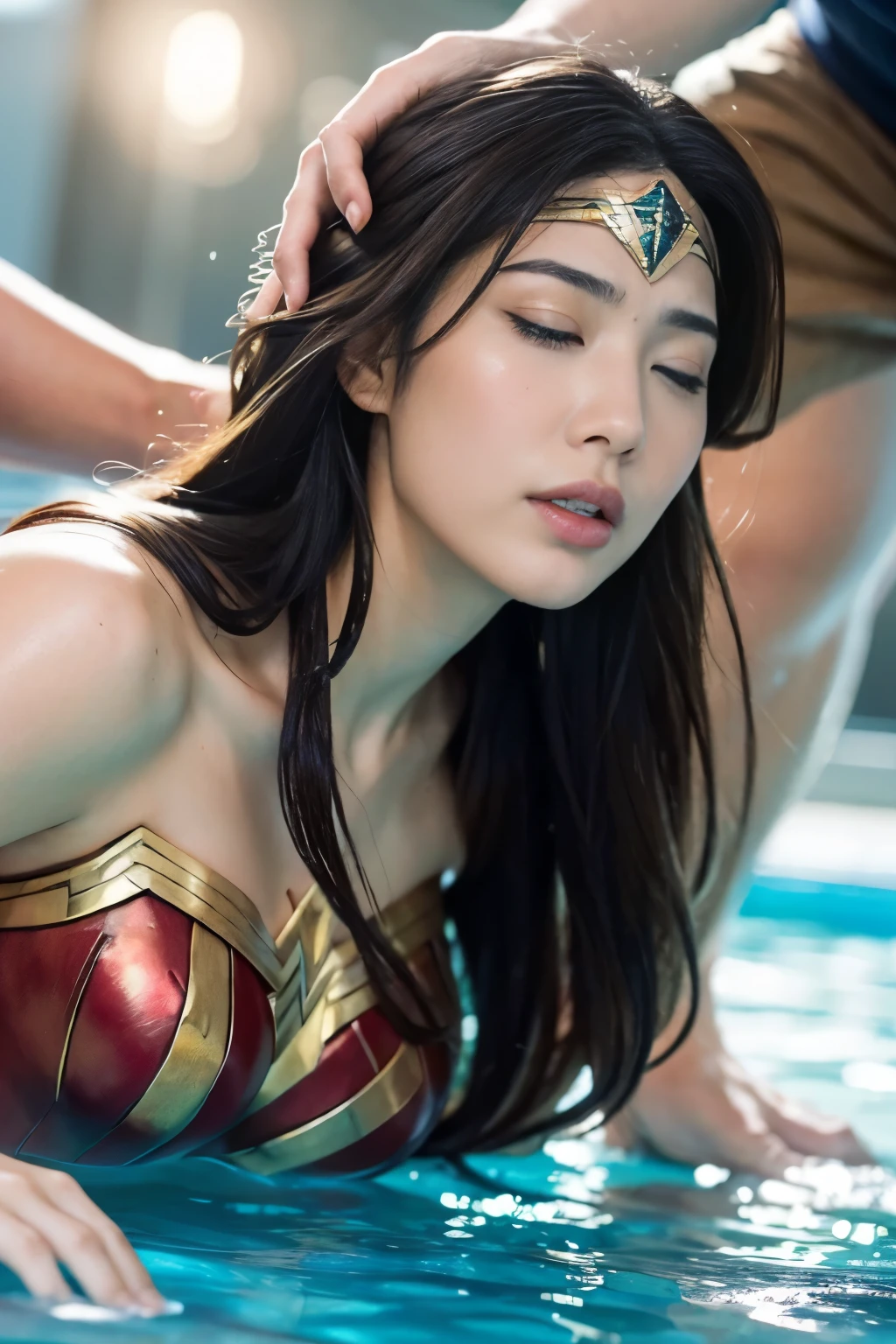 from directly below,perfect wonder woman costume,crawl on all fours,Put your face in the water,Submerge your face,inside the pool,Inside the fountain,Soaked in water,Soaking wet wonder woman,sleeping face,Close ~ eyes,open your mouth,tired face,face of suffering,sleeping face,soaking wet hair,Soaked Hair,wet body,fight the men,surrounded by men,,caught between men,being tackled by men,Intertwining with men, Attacked by men,assaulted by men,Being bullied by guys,being sexually abused by a man,Captured by a man,Being detained by a man、touch your face,、Hair is pulled hard,My head is grabbed,Grab my head,brown hair, masterpiece、beautiful girl、fine 目、puffy eyes、highest quality, 超High resolution, (reality: 1.4), movie lighting,super beautiful、beautiful skin、(超reality的な)、(High resolution)、(8K)、(very detailed)、(beautiful and fine 目)、(Super detailed)、 detailed face、slanted bangeshi hair、brown hair、20-year-old、Wonder Woman Cosplay