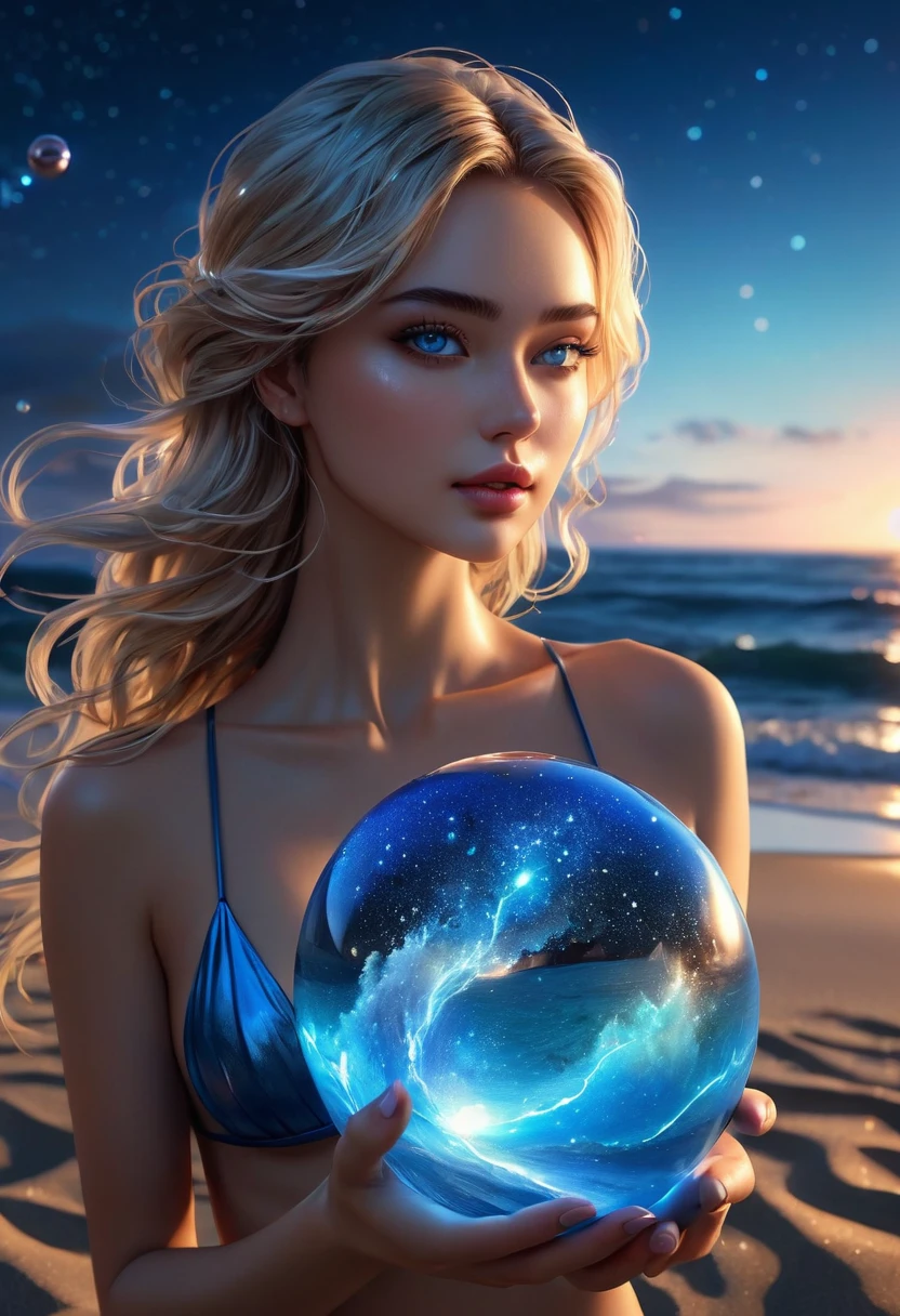 On the beach at night, a girl in a blue bikini holds a small glass ball in two hands and looks at it, emitting the glow of a galactic storm. galaxy inside the ball, Her presence emits a shimmering aura, seamlessly merging with the ethereal manifestation within the sphere. Sand, sea and stars converge in a scene of surreal beauty where the earthly meets the heavenly in a harmonious embrace. A luminous magic aura forms around the girl. Profile Angle. Young adult, [Nordic:Icelandic:0.5], age 25, Hourglass elongated sexy fitness body, perfect Olive skin, Oval Face, Long neck, Rounded shoulders, long slim fitness arms, Attached Pointed ears, round forehead, Short blonde Beach Waves pixie haircut Parting centre hair, snub nose, Arched Thin eyebrows, Monolid Eyes, High Round Narrow Symmetrical cheekbones, Dimpled Cheeks, Rounded Chin, Rounded Jawline, Fine Puppet Wrinkles, Smooth Nasolabial Folds, Full nude Lips, (blue eyes),  third breast size,  Nude Makeup Look, 8k, vray, IMax, hyperrealism, perfect light, bokeh Carl Zeiss 85mm, small depth of field, photorealistic, masterpiece, high resolution, best quality, cinematic shot, ultra-detailed, super realistic, Hyperrealistic art, high-quality, ultra high res, highest detailed, lot of details, Extremely high-resolution details, photographic, realism pushed to extreme, incredibly lifelike,

atmospheric perspective (focus on face),
realistic skin, soft light, detailed skin, colourful, soft cinematic light, 
