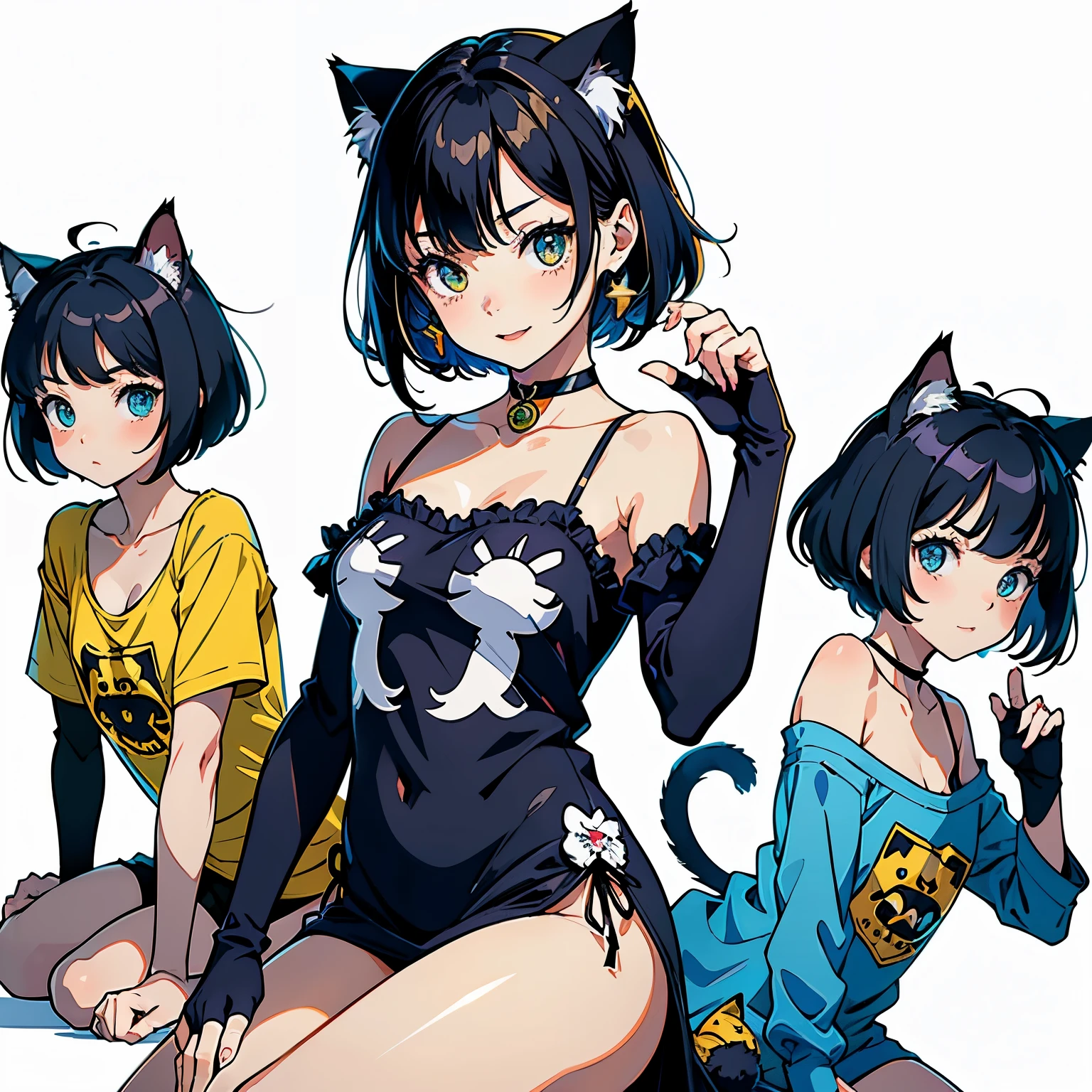 (highest quality, masterpiece, High resolution)、(anime art)、,cinematic light、soft light、(two girls)、black hair、(Striped cat costume)、(Three-color cat costume)、(Persian cat costume)、(loose t-shirt)、(Loose shirt)、off shoulder、Sexy mini dress、Cat ear、bob cut、semi-long、hair ornaments、choker、enchanting smile、happy face、small breasts、(cat pose)、(Playful gestures)、Cat jarashi、((white background))、