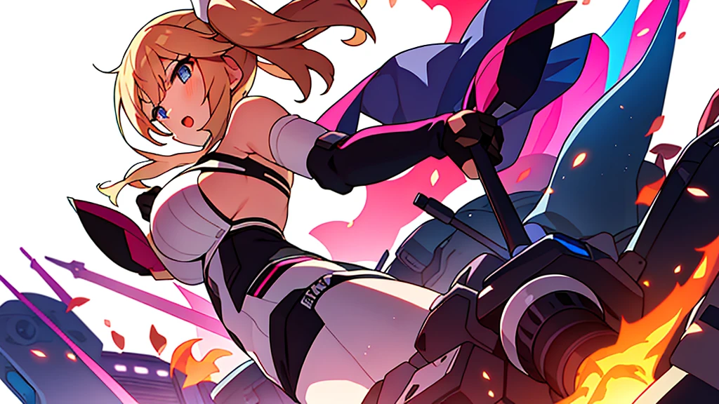 Anime girl , wearing bra, blurry background, white background, dynamic pose, combat pose,