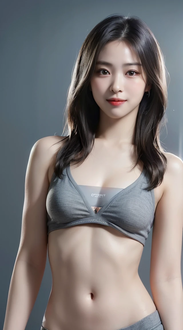 highest quality、highest quality、realistic、unity、8k wallpaper、official art、Highly detailed CG unity 8k wallpaper、super detailed、High resolution、Physically based rendering、super detailed,grow, finely,1 girl、(medium hair)、(smile:1.1)、slim face、cute woman、highly detailed face、detailed eye、double eyelid、Kamimei、(glowing skin)、(tanned skin)、(real looking skin)、gray background、(((belly button、spread legs)))、frontage、slim face、professional lighting、(light shines on your face:1.5)、best light,chest stands out、beautiful navel