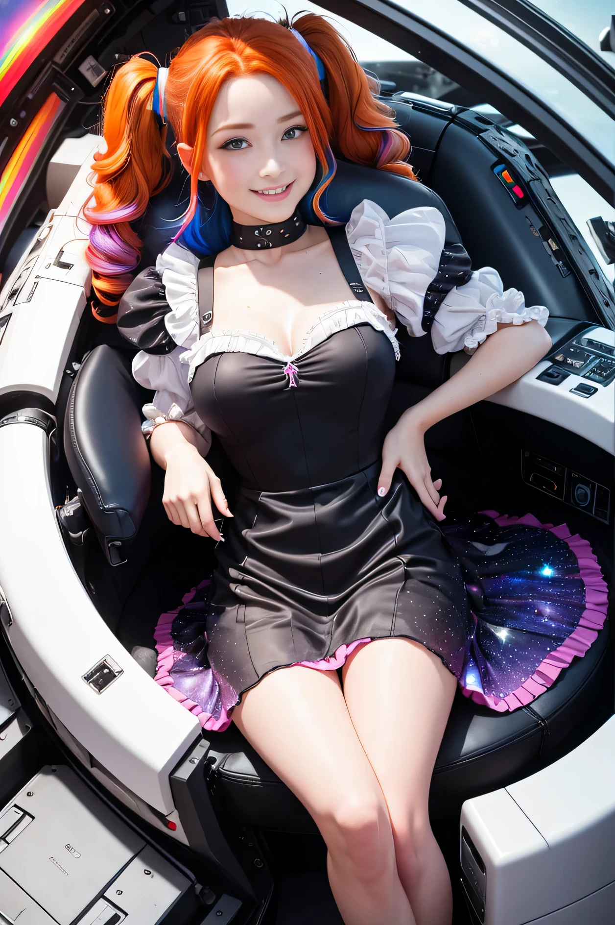 Best Quality, Masterpiece, 8k, RAW (overhead view) ((Cute redhead with rainbow colored hair tips:1.2)), ribbons in her hair, 18-year-old woman, happy, excited expression, smiling, in twin tails, perfect eyes, clear sparkling blue eyes, pale skin, silky smooth skin, porcelain white skin, flying a fancy metal luxurious space ship, futuristic cockpit, she's a pilot laying in her pilot chair, dark outer space seen in windows, deep space black, multiple stars and galaxies, dark warm lighting, wearing a futuristic dress, pleated (chemise) mini dress (pastel rainbow colors, and polka dots), puffy sleeves, silk, wearing pantyhose.