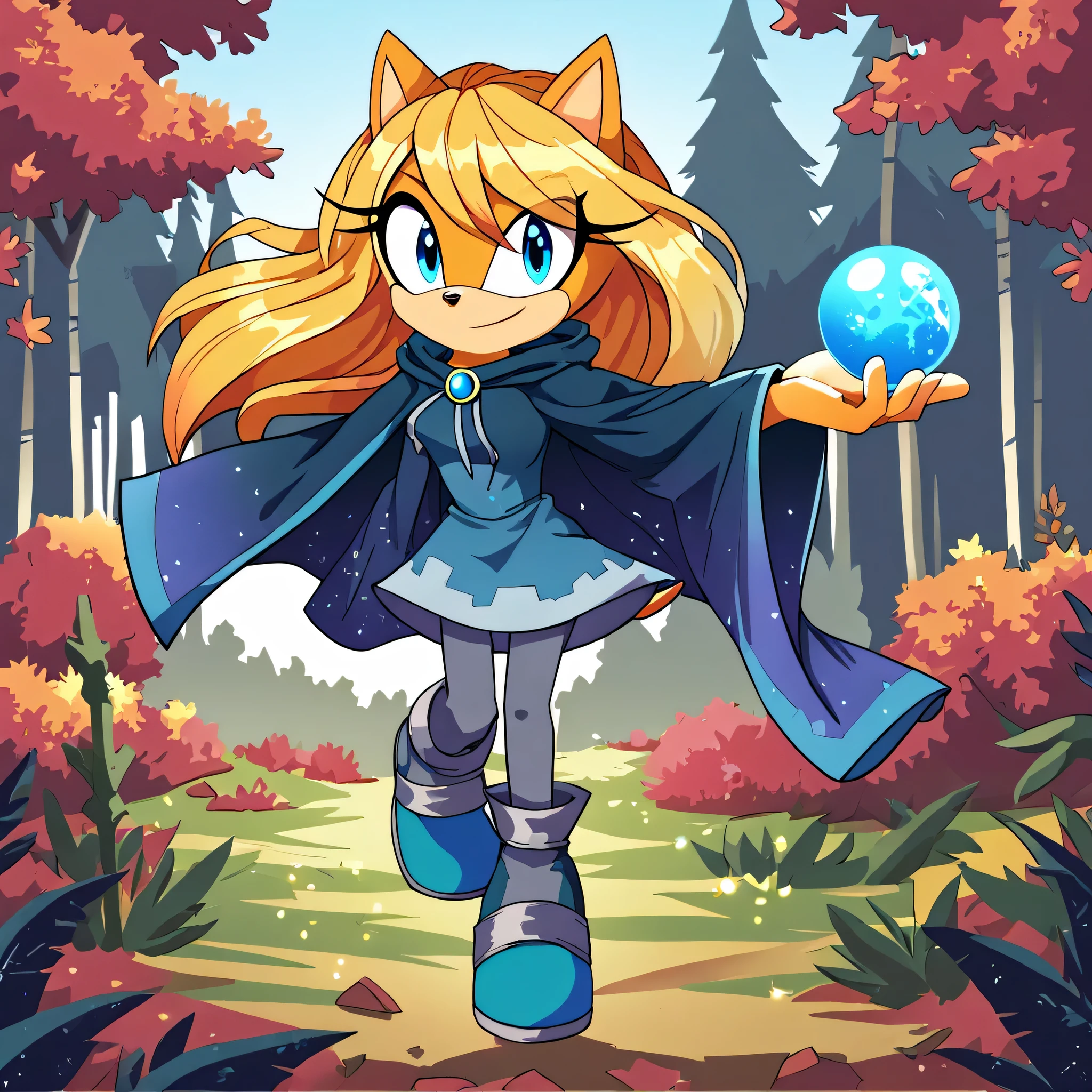 score_9, score_8_up, score_7_up, ((Masterpiece)), high quality, studio quality, 1girl, Female, mobian, hedgehog, 1girl, solo, looking at viewer, smile, blue sorceress dress, hooded cape, forest background, blonde fur, long hair, blue irises, grey leggings, hair bangs, holding a magical wooden staff with a blue orb gemstone wrapped in the center of the top