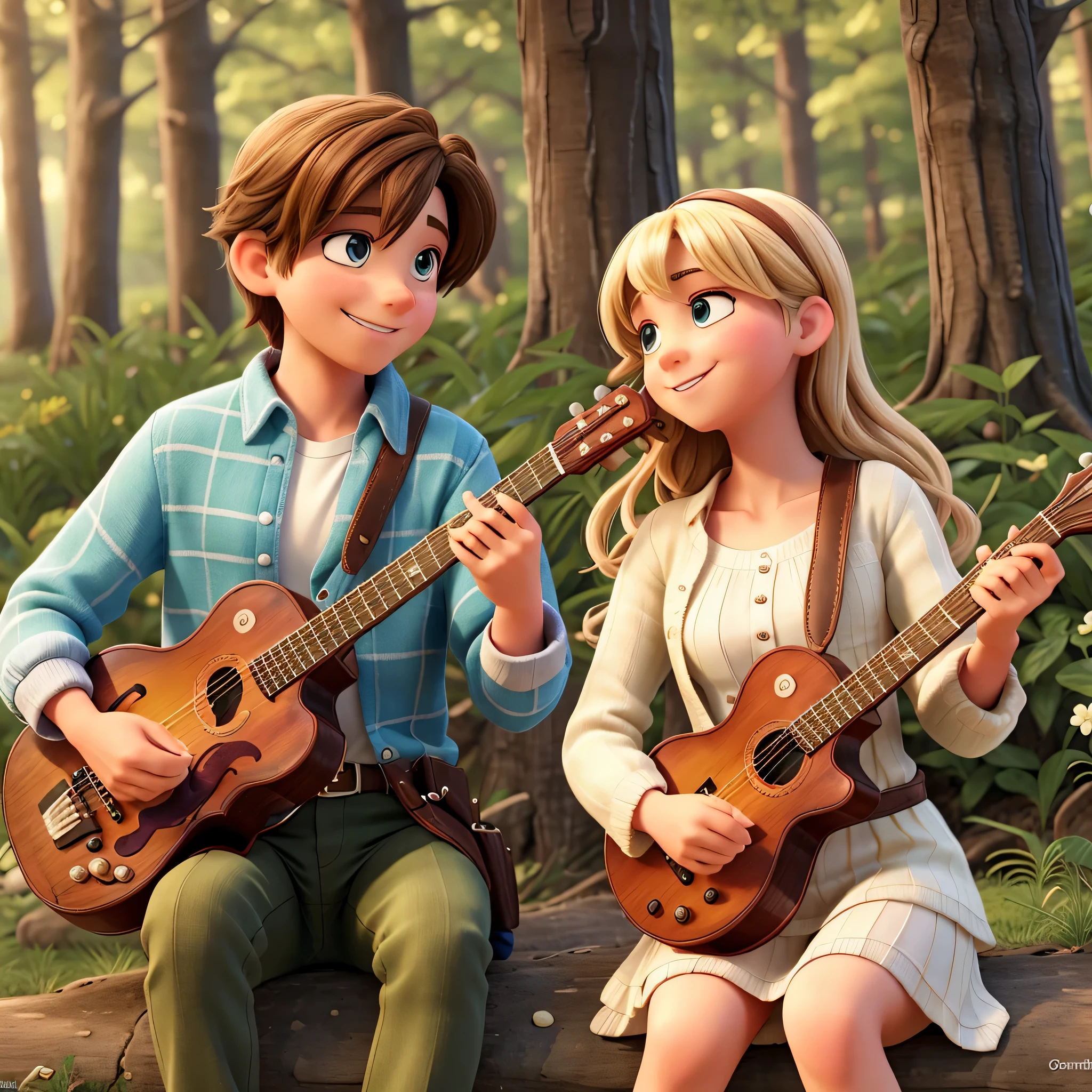 painting of two children, a blonde girl and a brown-haired boy, cheerful, happy, looking at each other with a look of brotherhood, love, boy playing guitar in a forest, 3d drawing of friends, by Craig Davison, by Elaine Hamilton, playing little viola, by Orshi Drozdik, in the style of Shrek movie, animated film still, 3D animated film still,  Lovely disney pixar digital painting, by Eugeniusz Zak, cute art, by Nándor Katona, masterpiece, high quality. --auto --s2