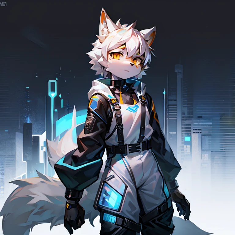 cyber punk perssonage，epcot，Tech style，solo person，White body，White ears，White hair，Overall white，Orange-yellow eyes，Wolf tail，Wolf orcs，Young，Wear a short-sleeved shirt，Ultra-clear screen，Soft lines