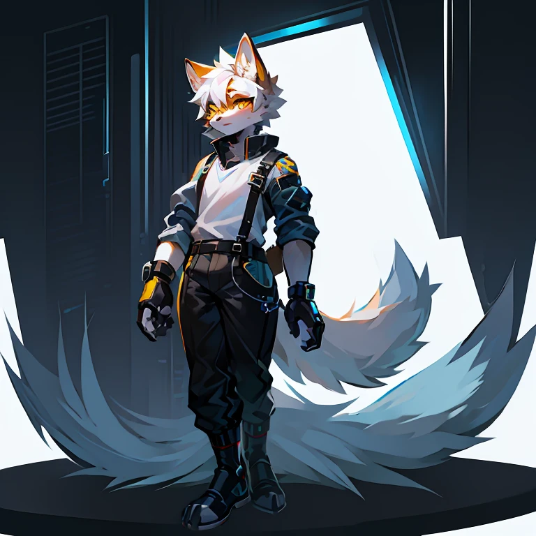 cyber punk perssonage，epcot，Tech style，solo person，White body，White ears，White hair，Overall white，Orange-yellow eyes，Wolf tail，Wolf orcs，Young，Wear a short-sleeved shirt，Ultra-clear screen，Soft lines