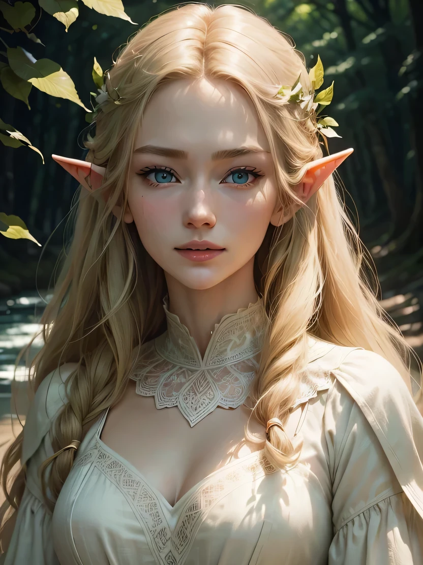 ((masterpiece、highest quality、Super fine、High resolution、photorealistic、sharp focus、cinematic lighting))、((1 female、bust shot))、high contrast、Portrait of a beautiful female elf、galadriel、Cate Blanchett、tall、skinny、bright blonde hair、intricate and beautiful design、Highly detailed beautiful face、triangular face、blue eyes、Detailed and beautiful ears、smile、Resting by the river、forest、flow of leaves、strong wind、Forest Sun、Classy white dress、view audience、Detailed hand depiction