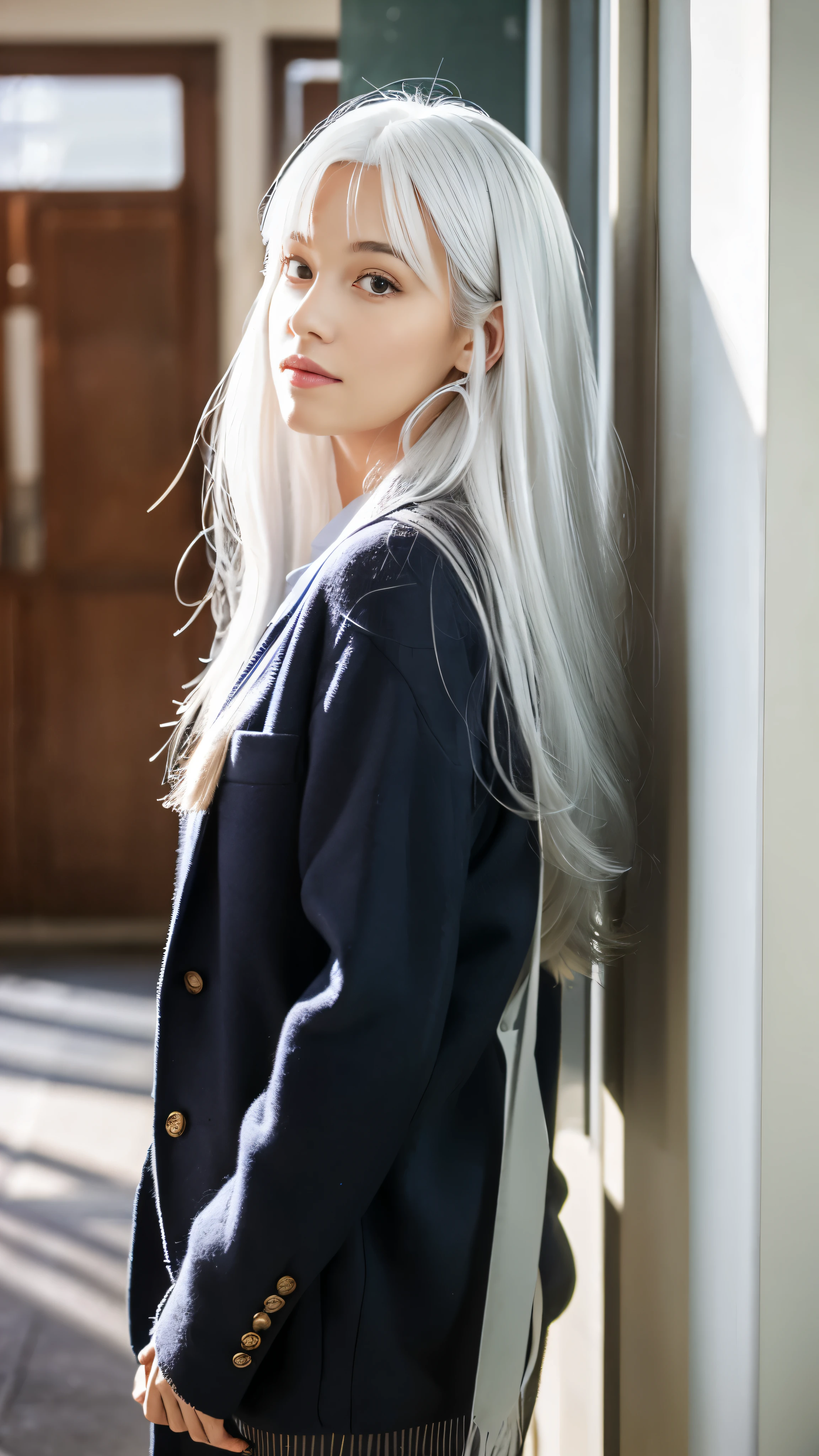 Tall beautiful woman with white hair in a school
