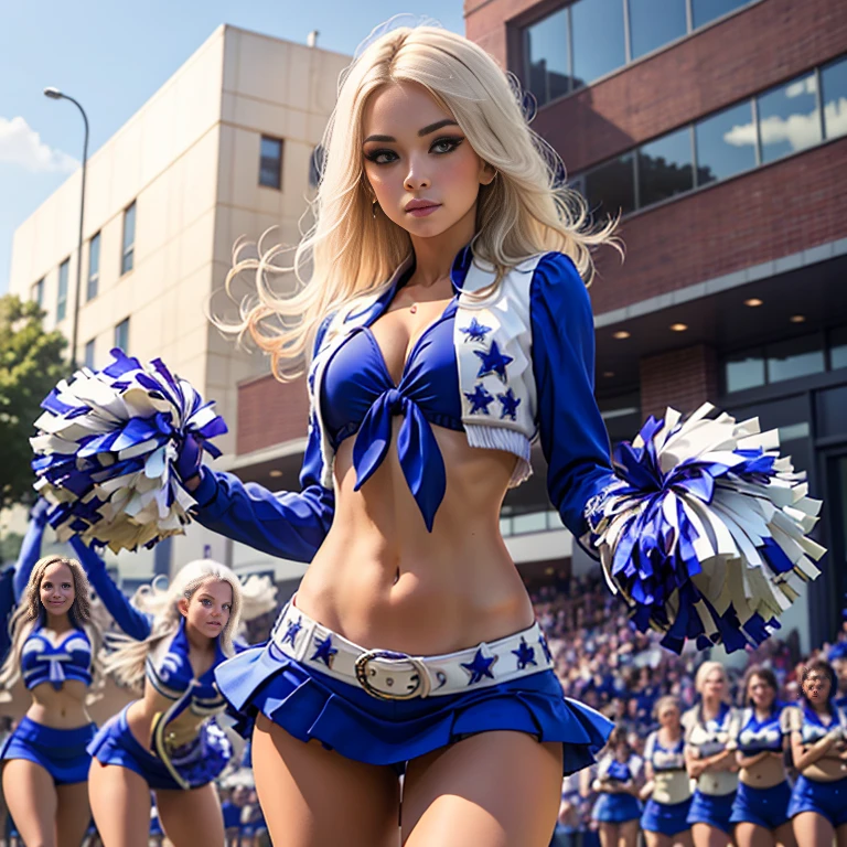 Masterpiece, best quality, detailed face, woman, platinum hair, college cheerleader uniform, midriff, standing, holding pom poms, one pom in each hand, blue skirt, in front of the college building, looking at viewer, neutral face